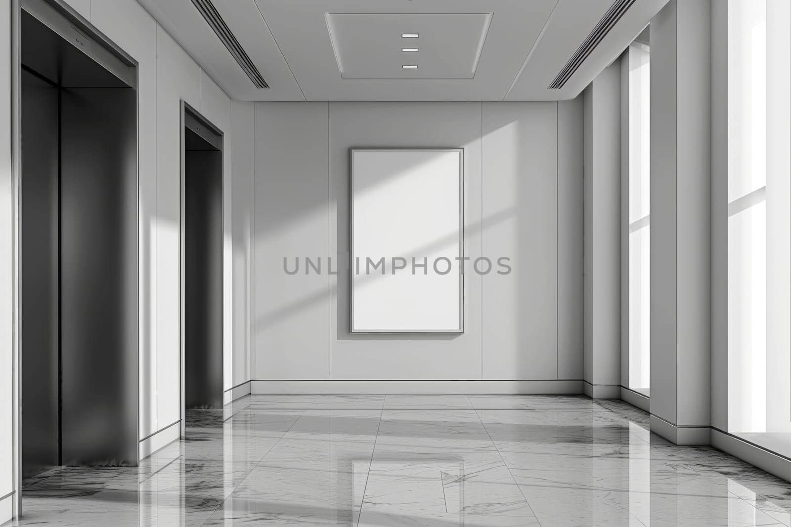 A modern elevator with Blank white billboard. Office or modern hotel hallway, empty lobby interior. Generative AI.