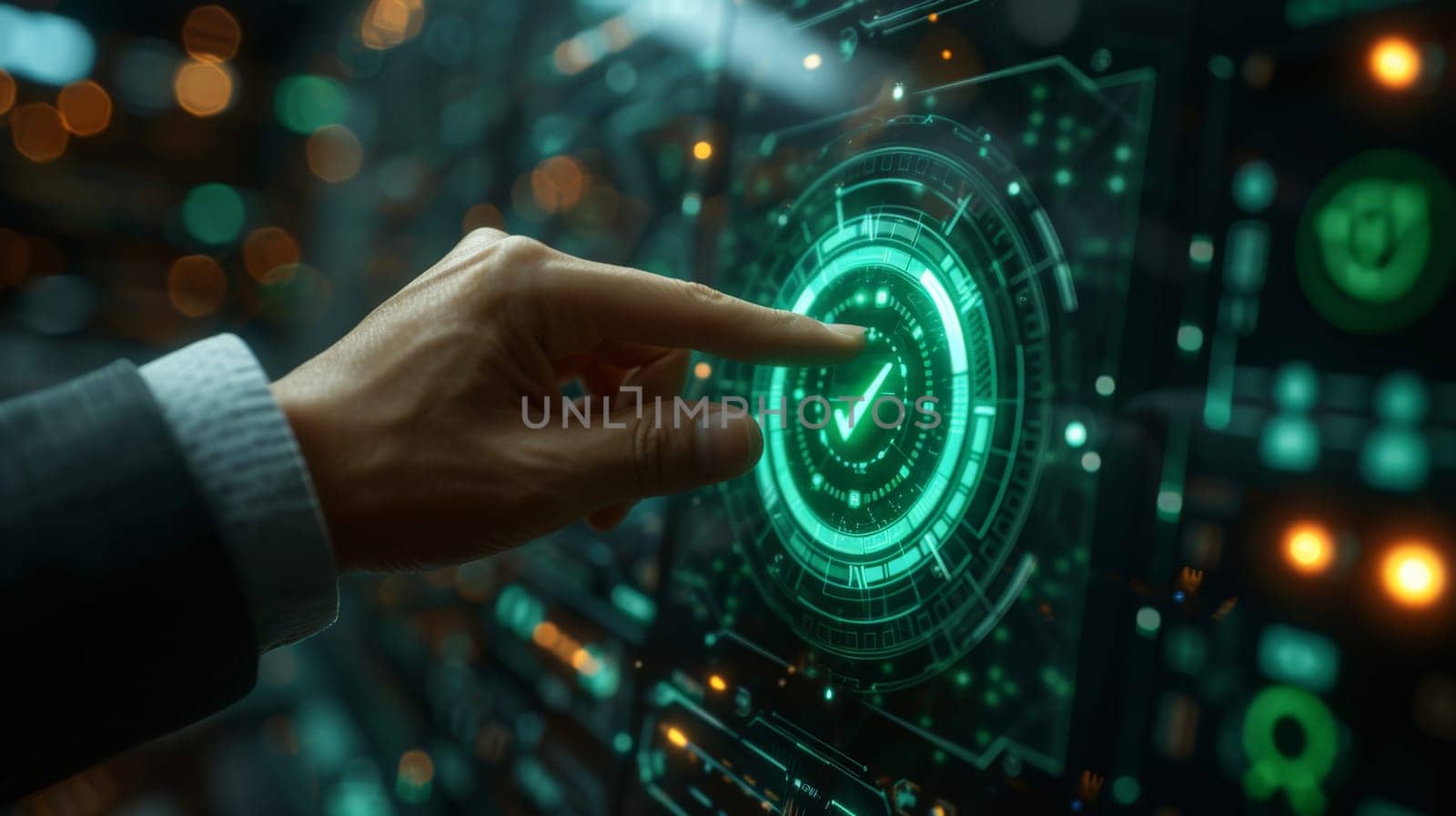 businessman touch on infographic to green check mark sign. vote and approved concept. generative AI.