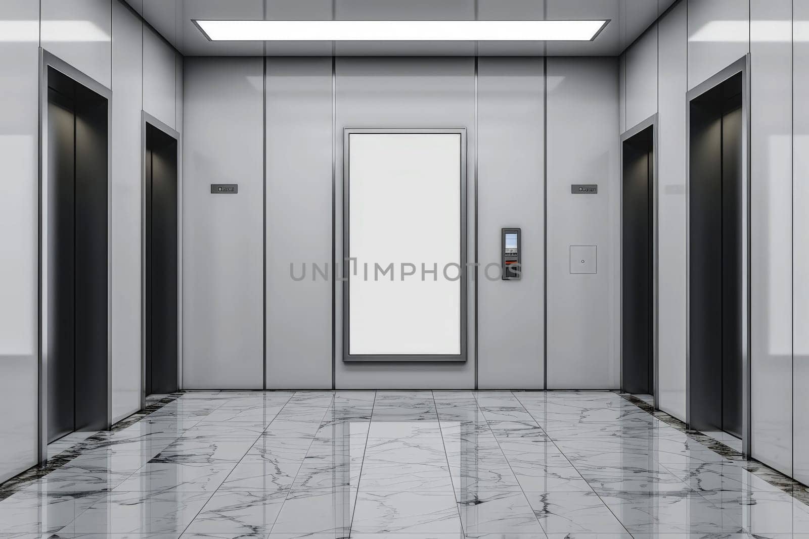 A modern elevator with Blank white billboard. Office or modern hotel hallway, empty lobby interior. Generative AI by matamnad