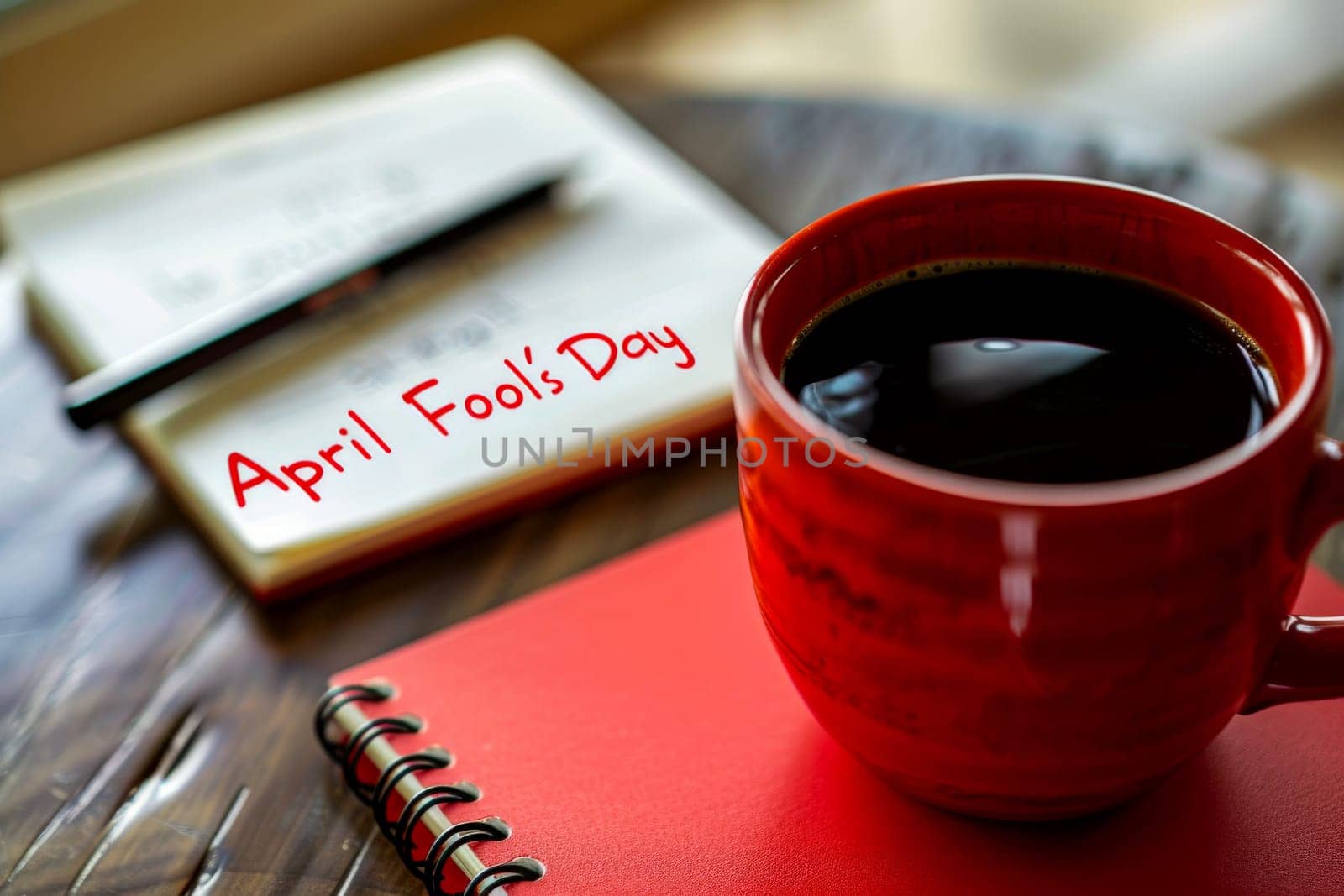 April fool's day with coffee red mug background .Ai generative.