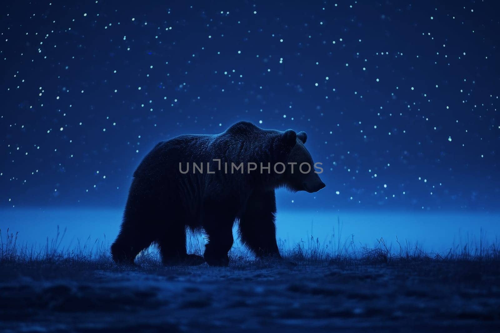 Bear leaps in the vast starry sky, with dynamic composition, starry background, AI Generative.