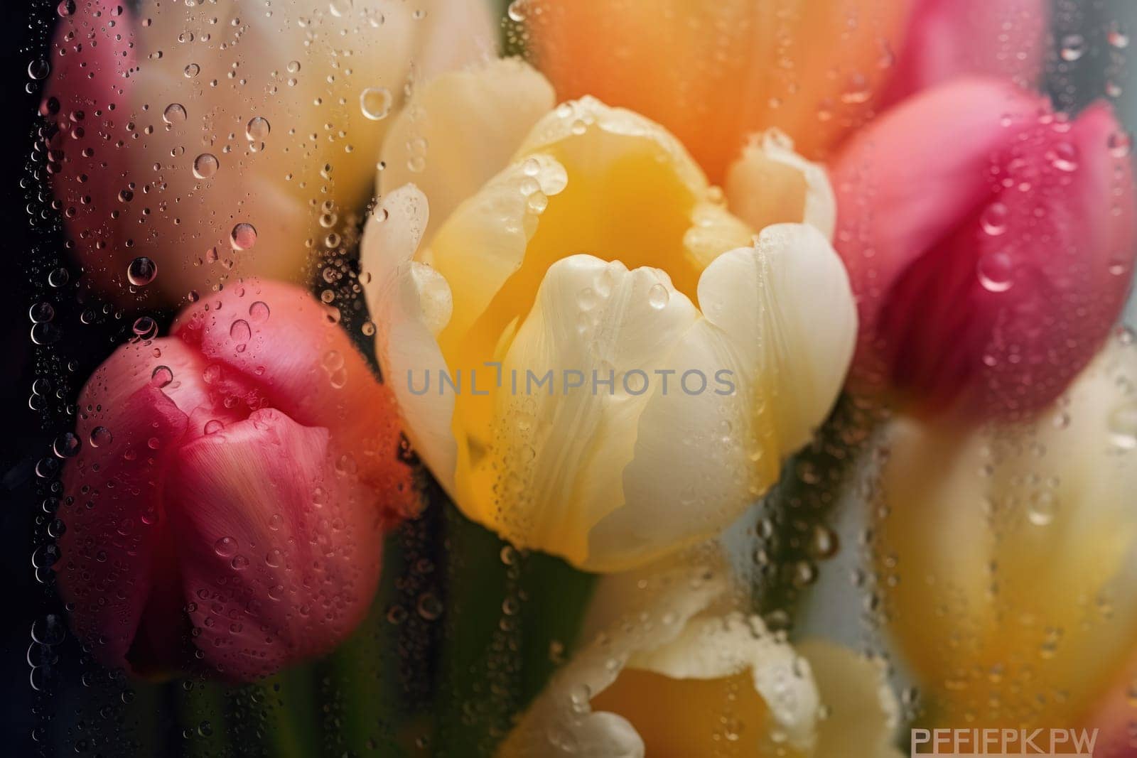 Background of blooming flowers in front of glass with water drops Stock Photo.