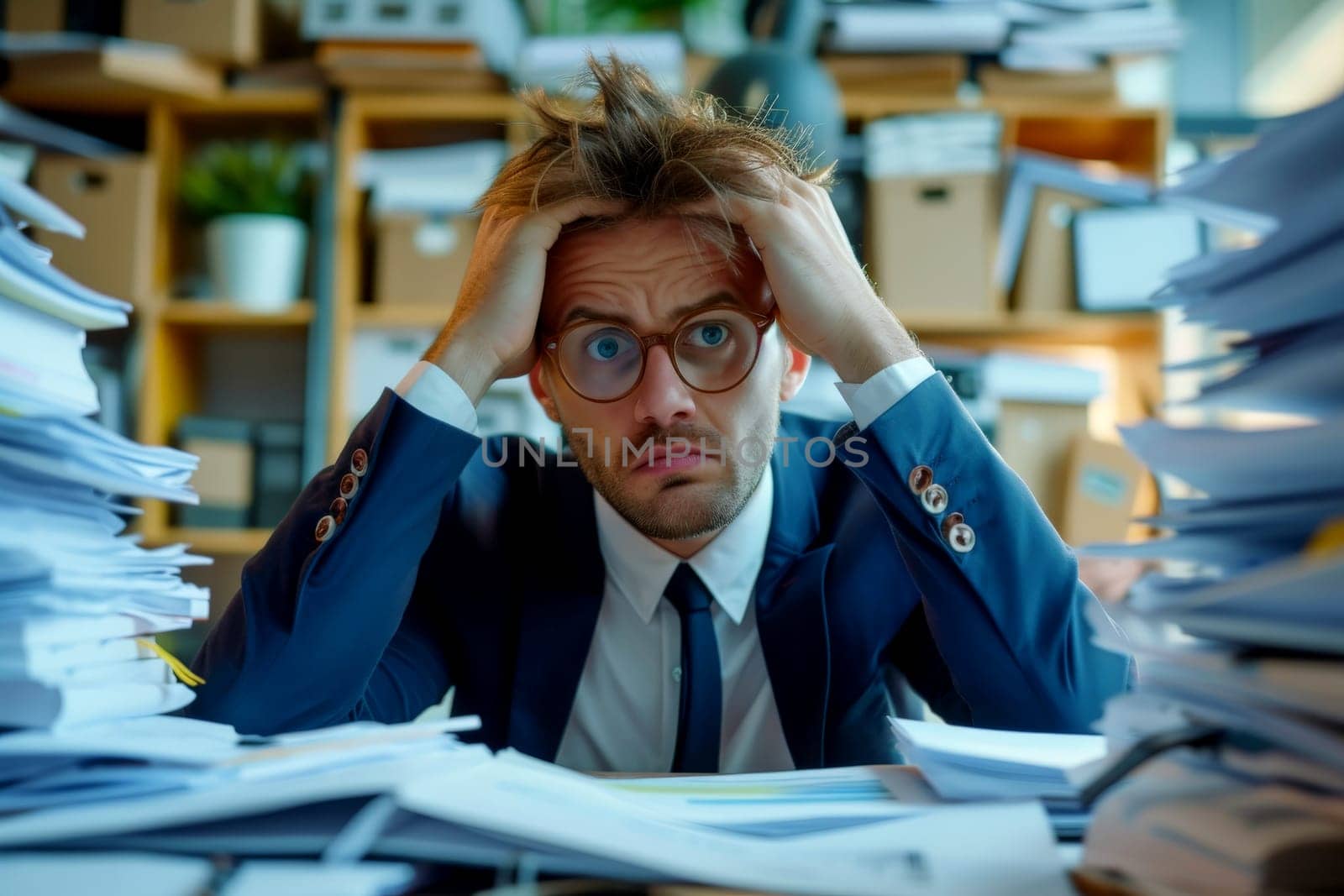 businessman employee unhappy with excessive work with a pile of documents. AI Generative.