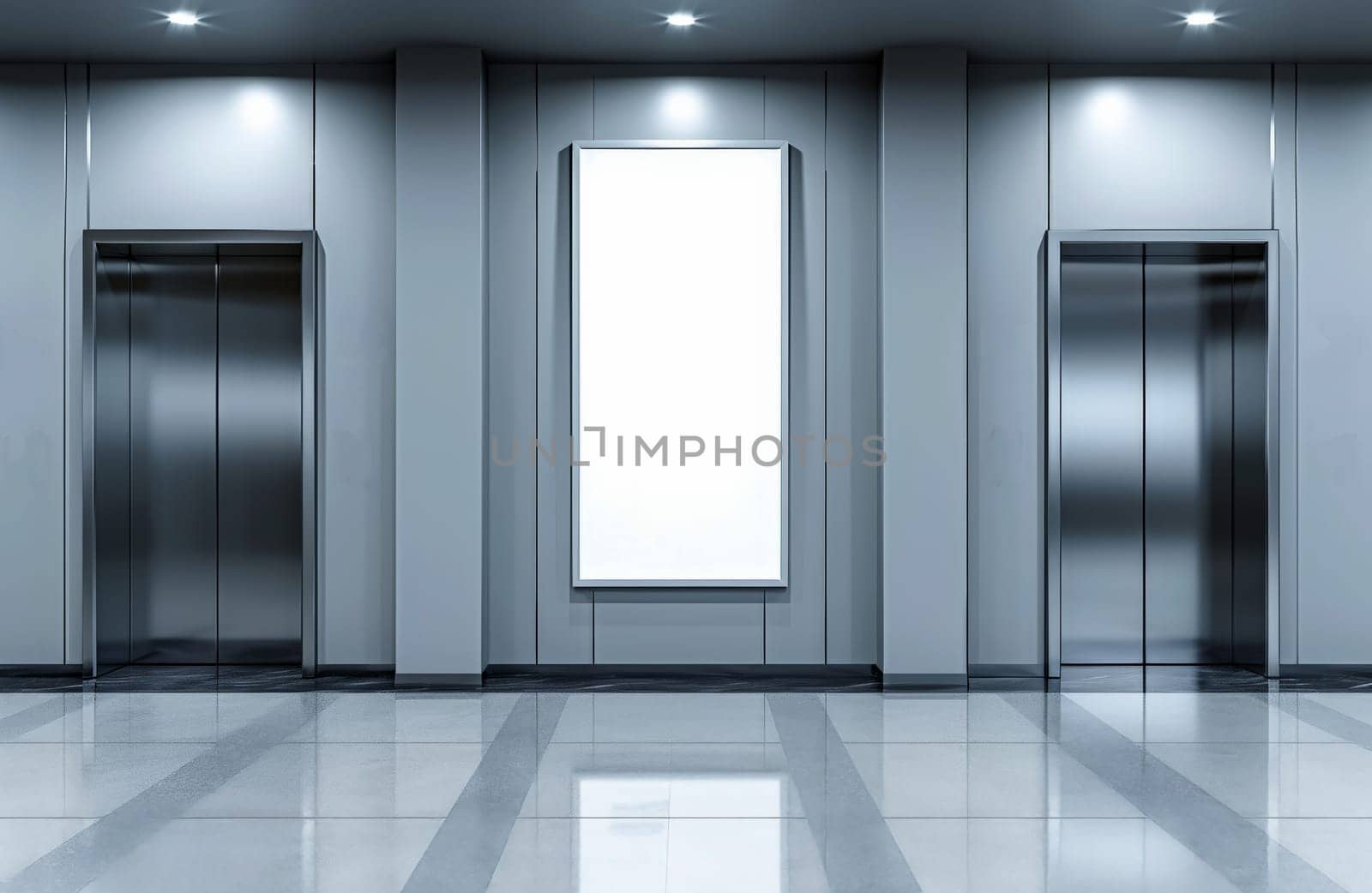 A modern elevator with Blank white billboard. Office or modern hotel hallway, empty lobby interior. Generative AI.