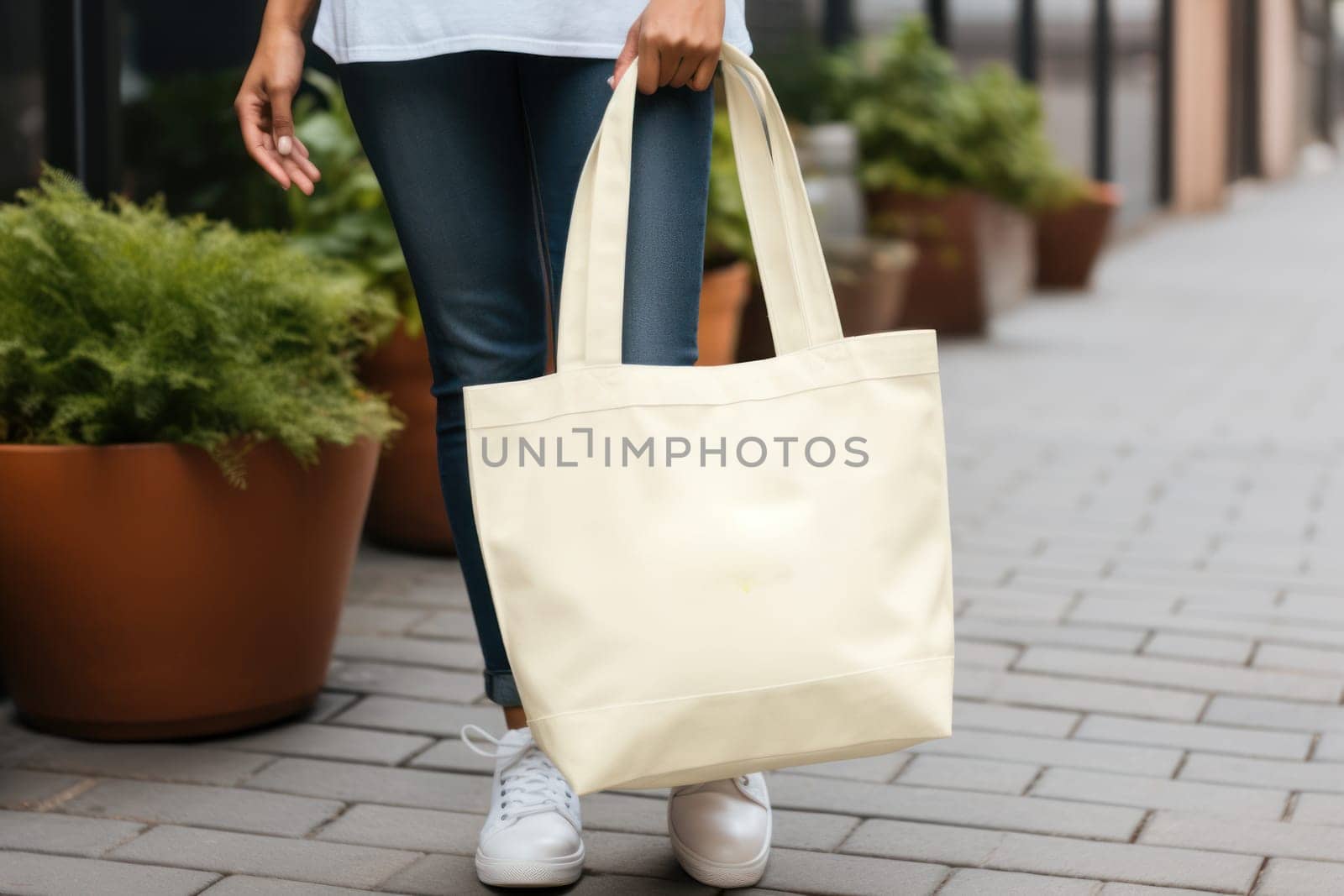 Model hold blank white fabric mockup bag for save environment on street fashion by nijieimu