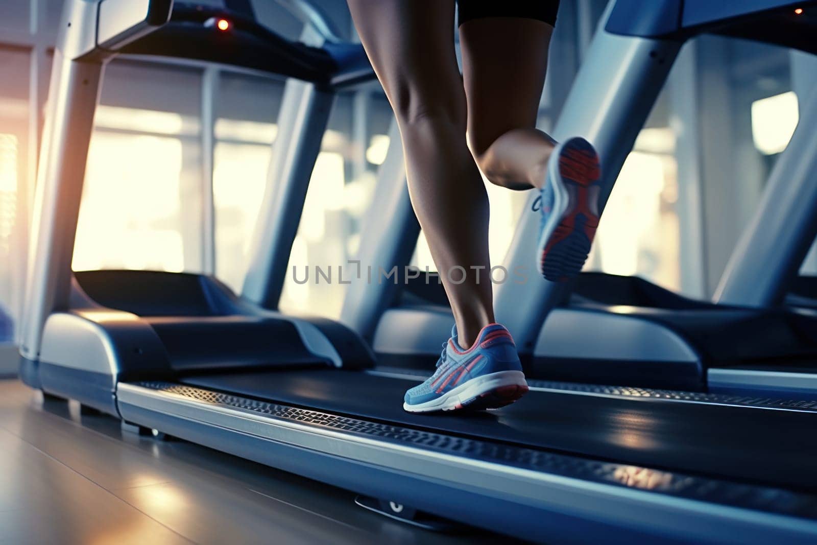 Close up of woman in sports clothing running on treadmill in gym.
