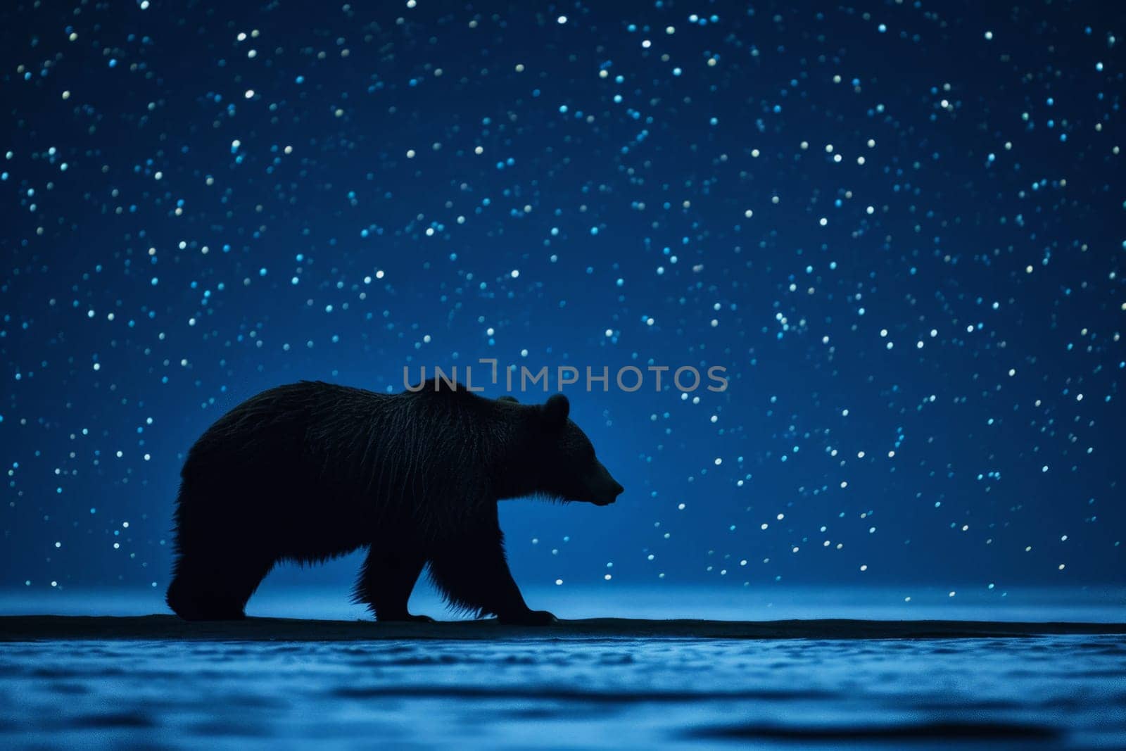 Bear leaps in the vast starry sky, with dynamic composition, starry background, AI Generative.