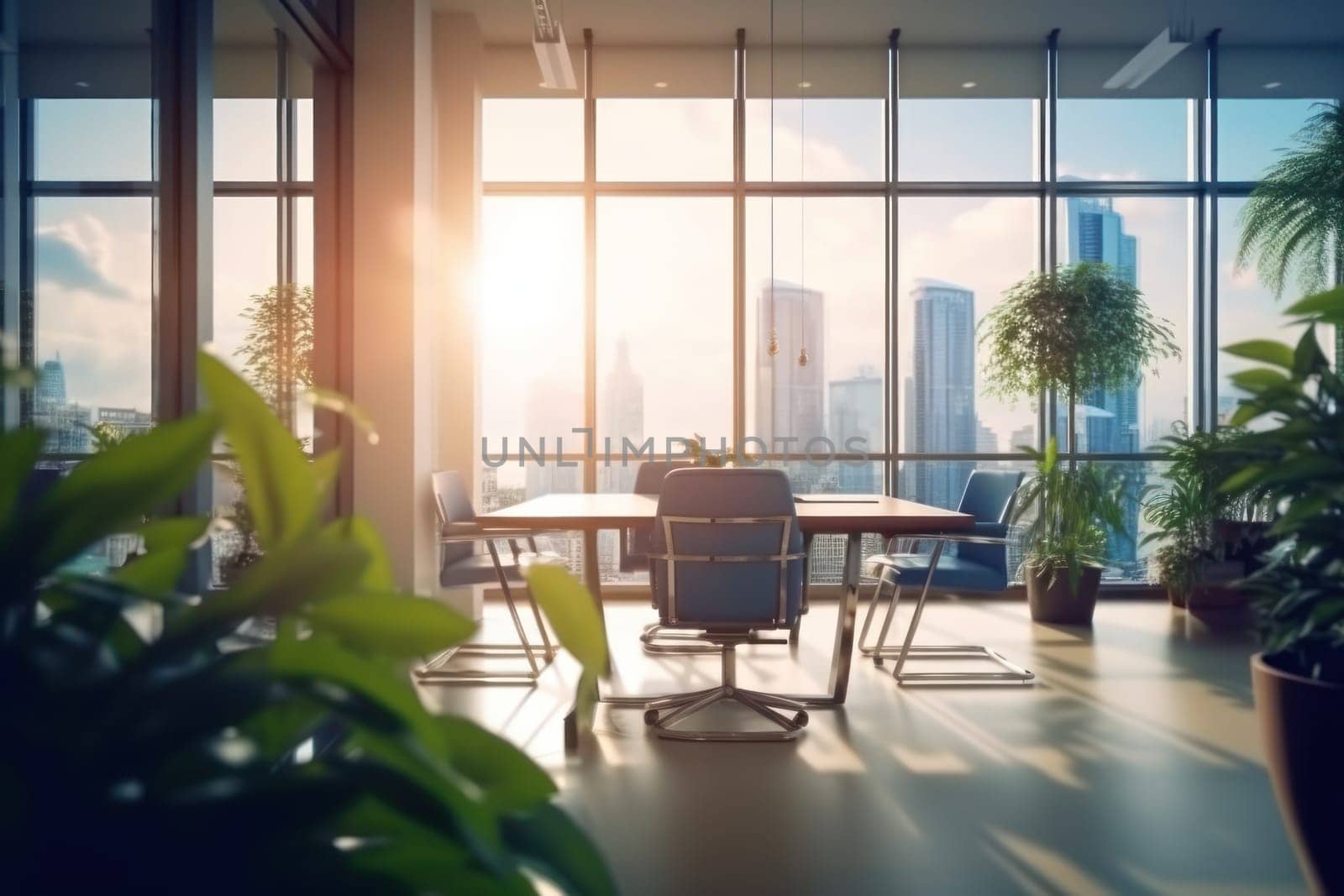 Beautiful blurred background of a light modern office interior with panoramic windows.