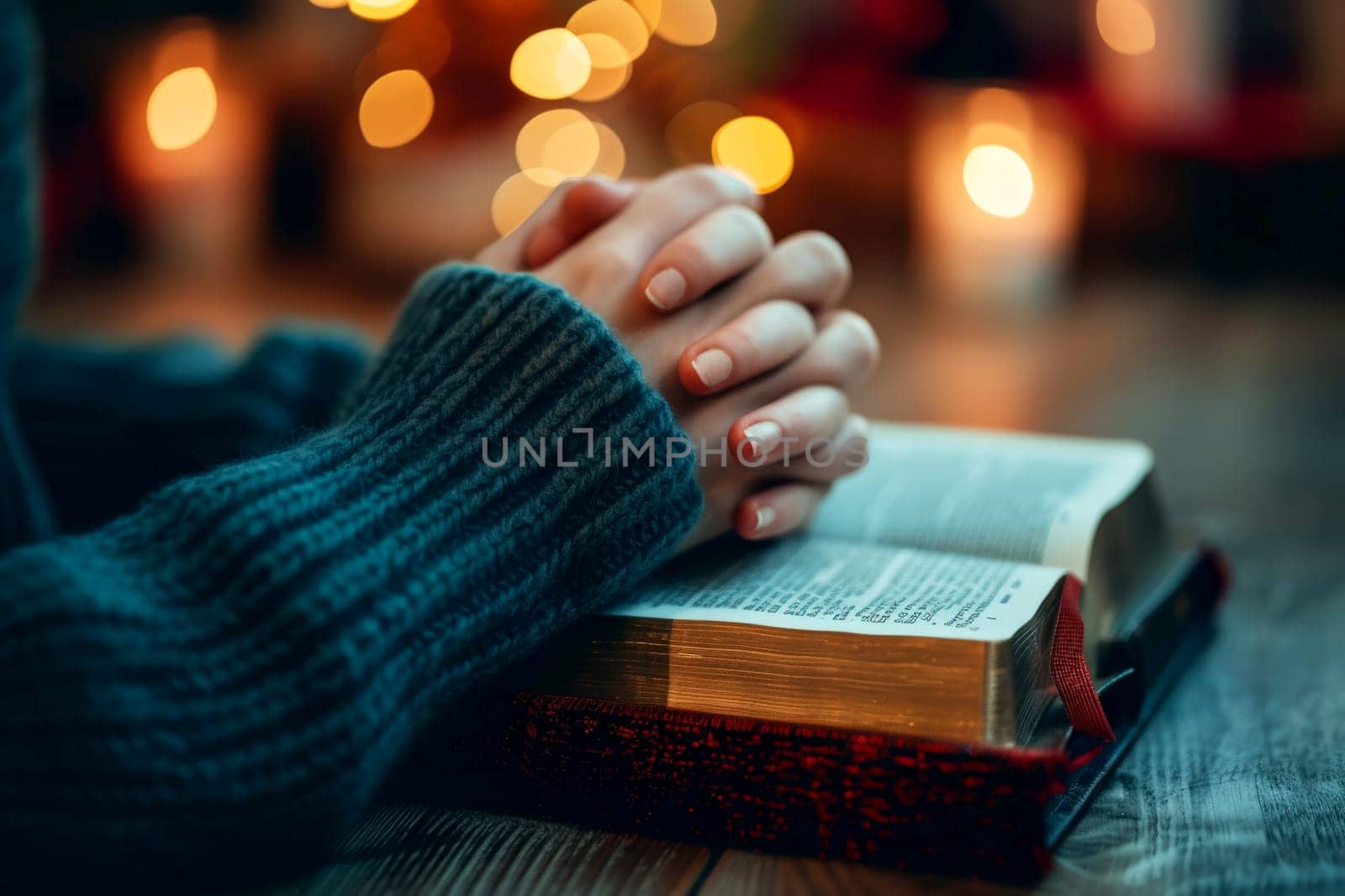 hands are folded in prayer on a Holy Bible .Holy Bible study reading together in Sunday . Generative AI.