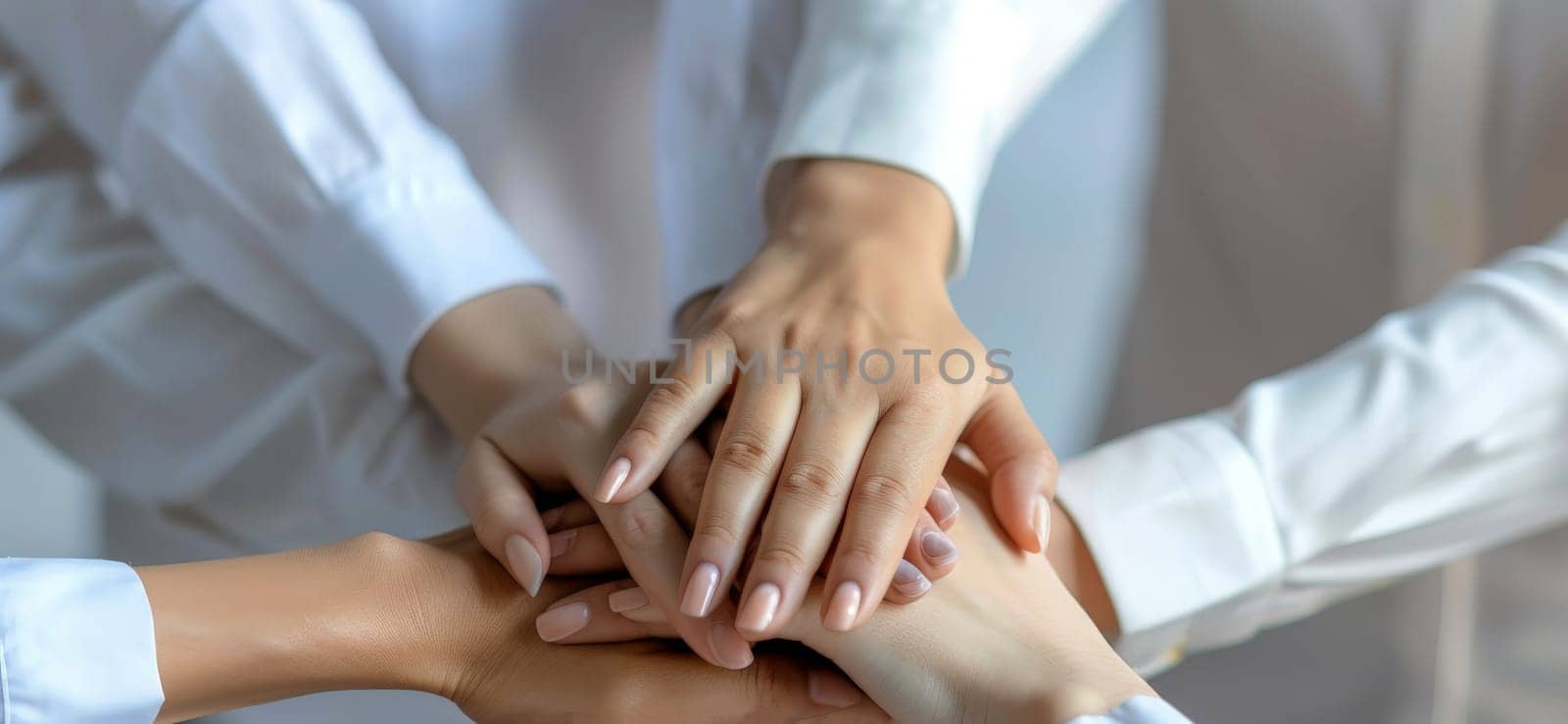 Success of team concept, Top view hands of Business teamwork join hands together in office. Generative AI.