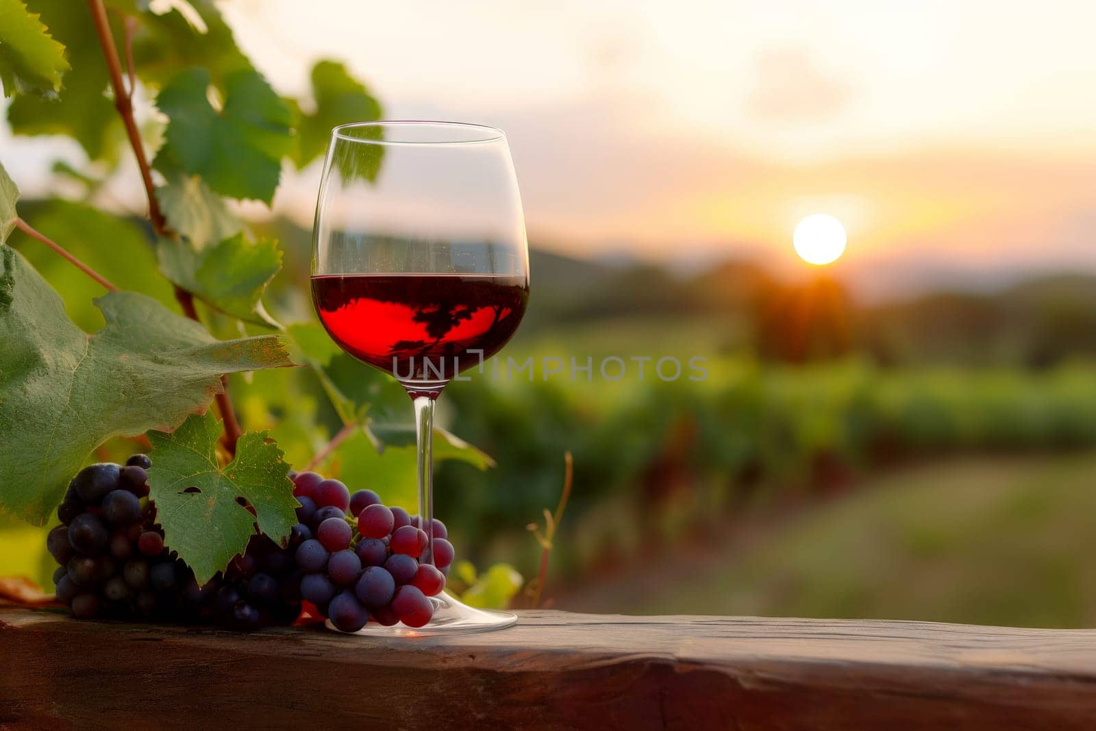 red Wine glasses, vineyard landscape and grapes in nature. Generative ai.