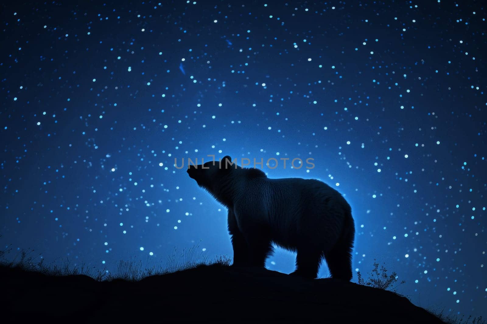 Bear leaps in the vast starry sky, with dynamic composition, starry background, AI Generative.