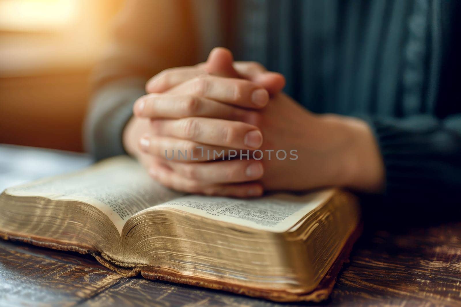 hands are folded in prayer on a Holy Bible .Holy Bible study reading together in Sunday . Generative AI.