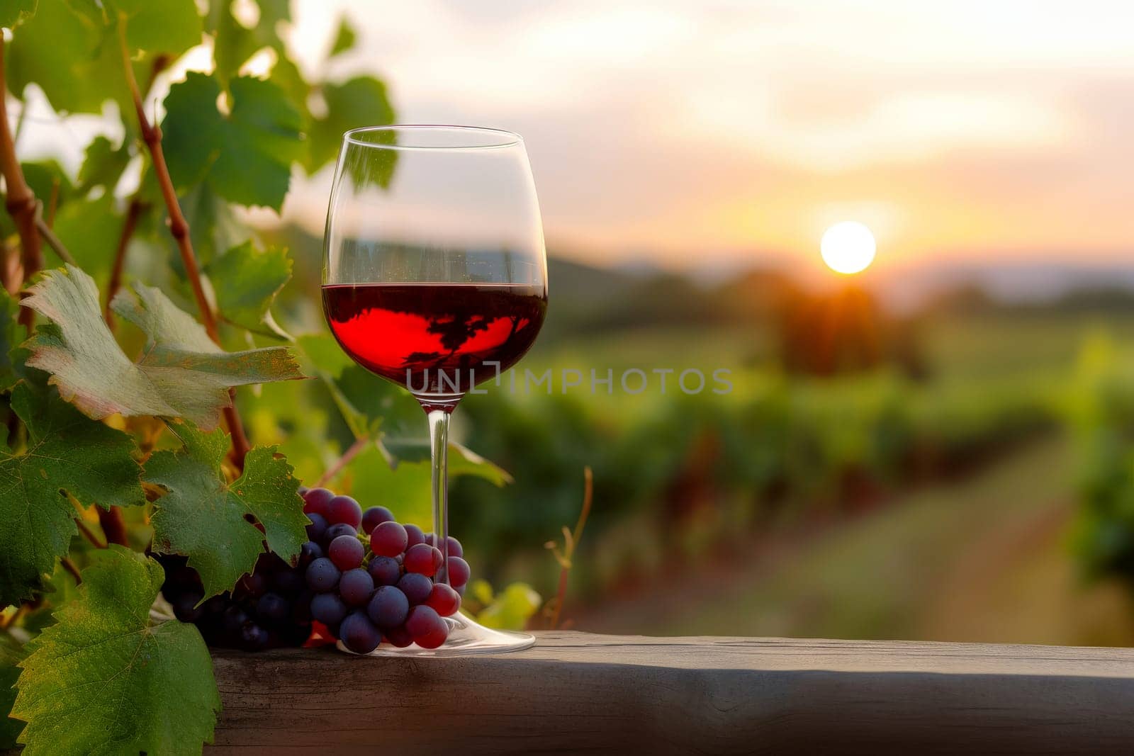 red Wine glasses, vineyard landscape and grapes in nature. Generative ai.