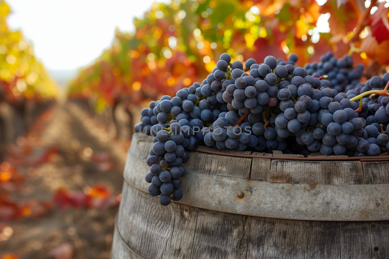 a bunch of grapes hanging from a vine in a vineyard. generative ai.