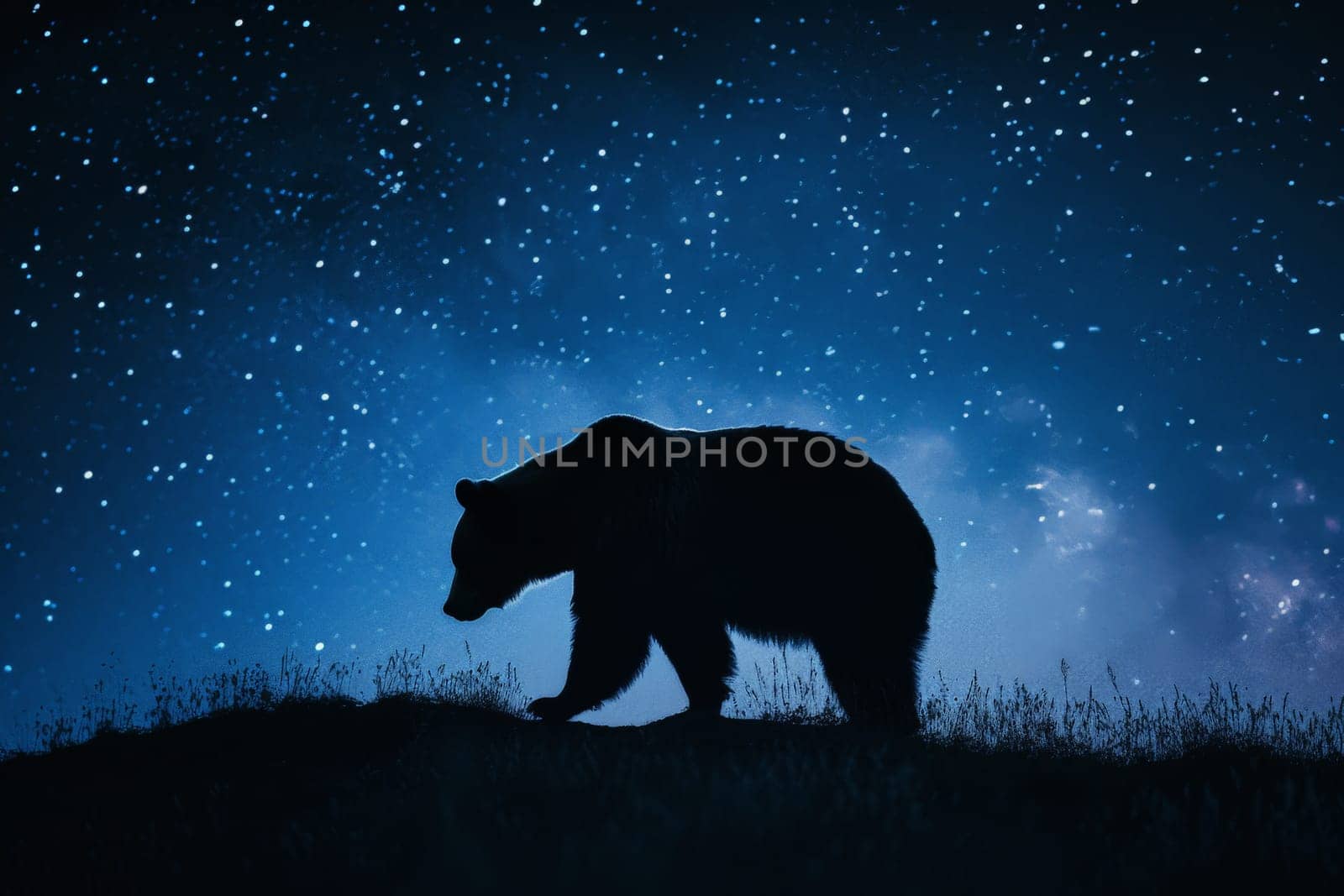Bear leaps in the vast starry sky, with dynamic composition, starry background, AI Generative.