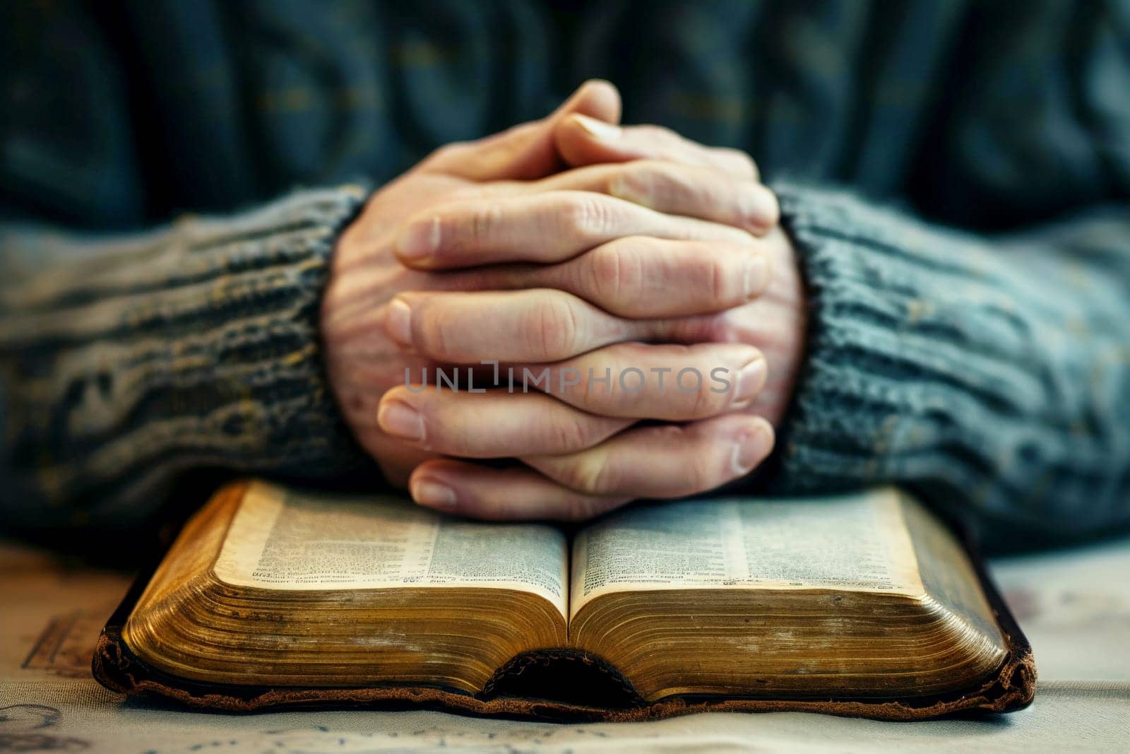 hands are folded in prayer on a Holy Bible .Holy Bible study reading together in Sunday . Generative AI.