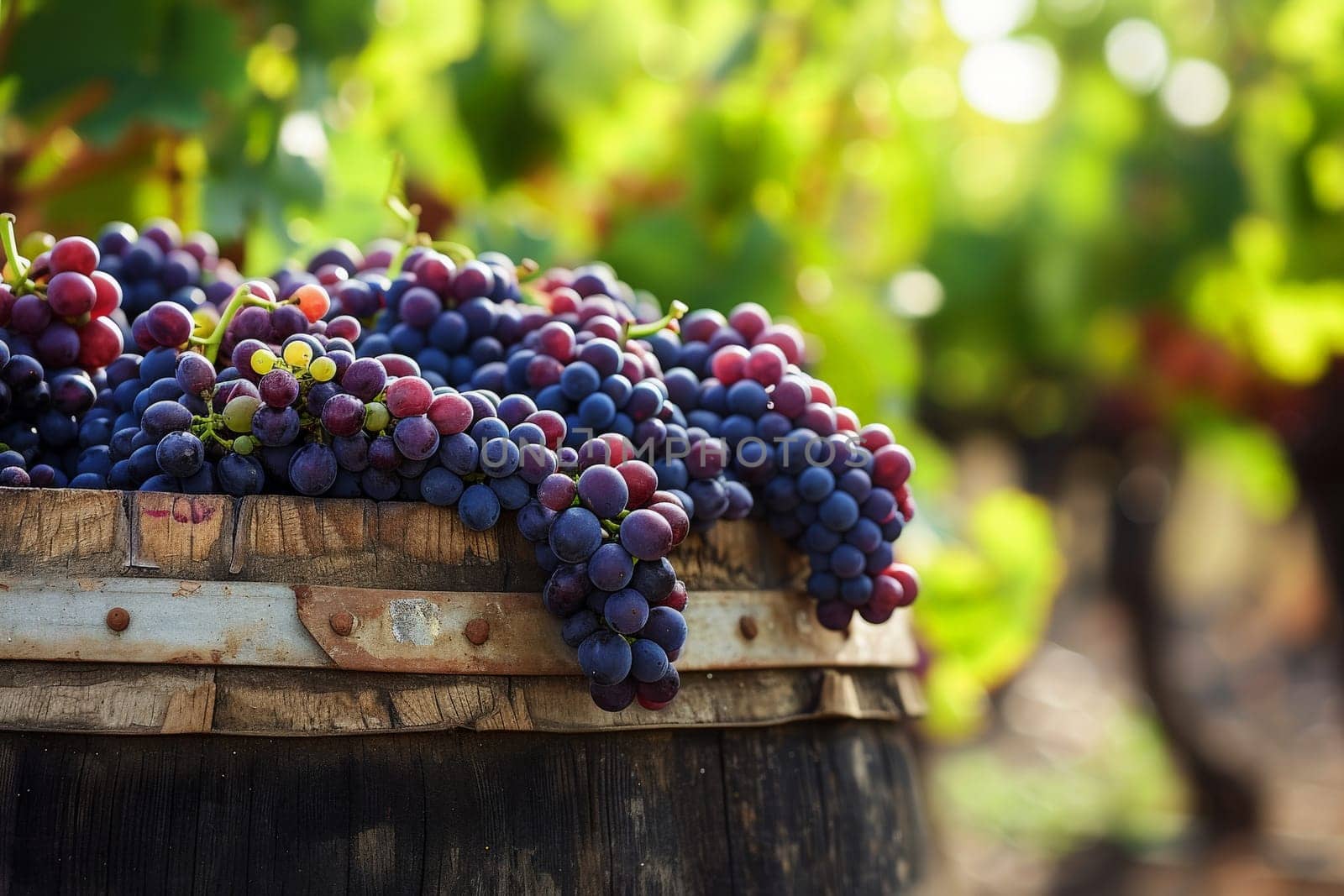 a bunch of grapes hanging from a vine in a vineyard. generative ai.