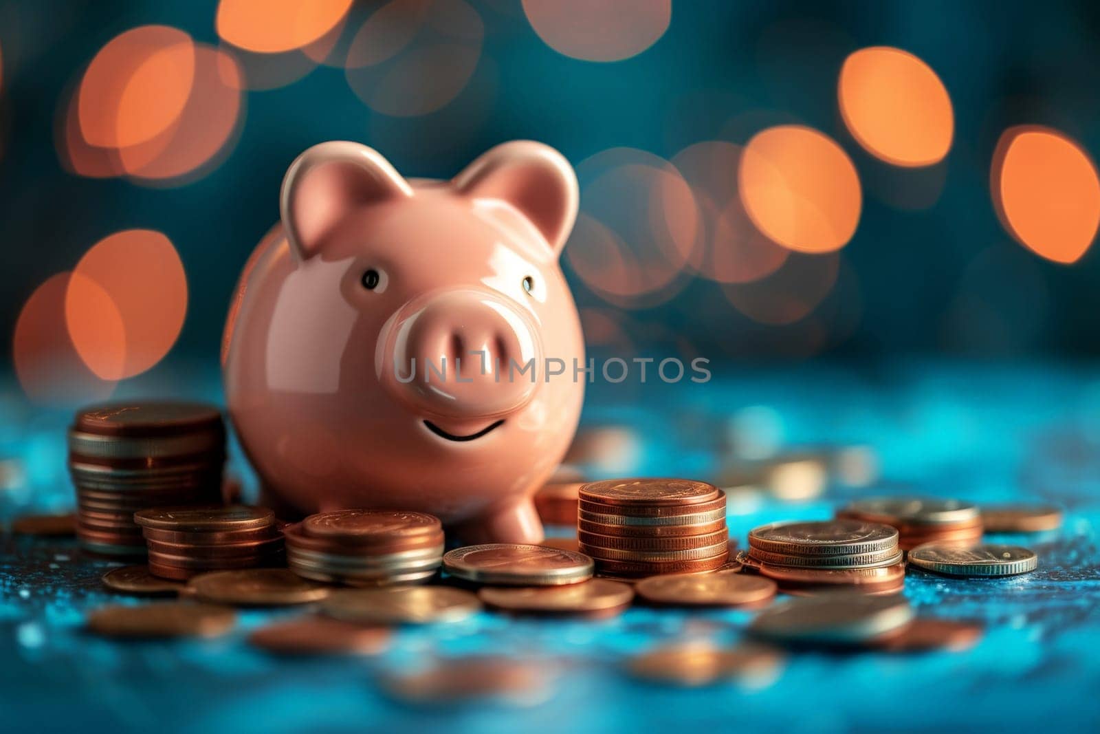 piggy bank money coins saving in futuristic background , financial investment and budget concept, . generative ai.