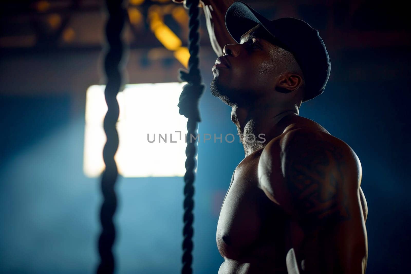 A muscular gym man posing for the camera. shirtless . ai generative,.