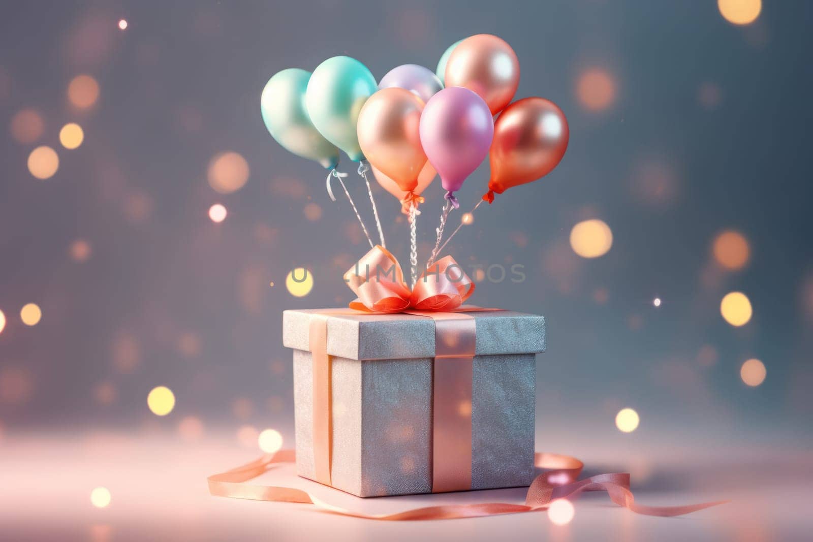 Gift box colorful balloons and ribbon floating pastel background illustration Generative AI.