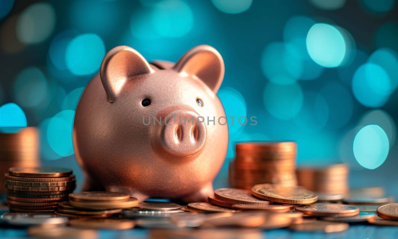piggy bank money coins saving in futuristic background , financial investment and budget concept, . generative ai.