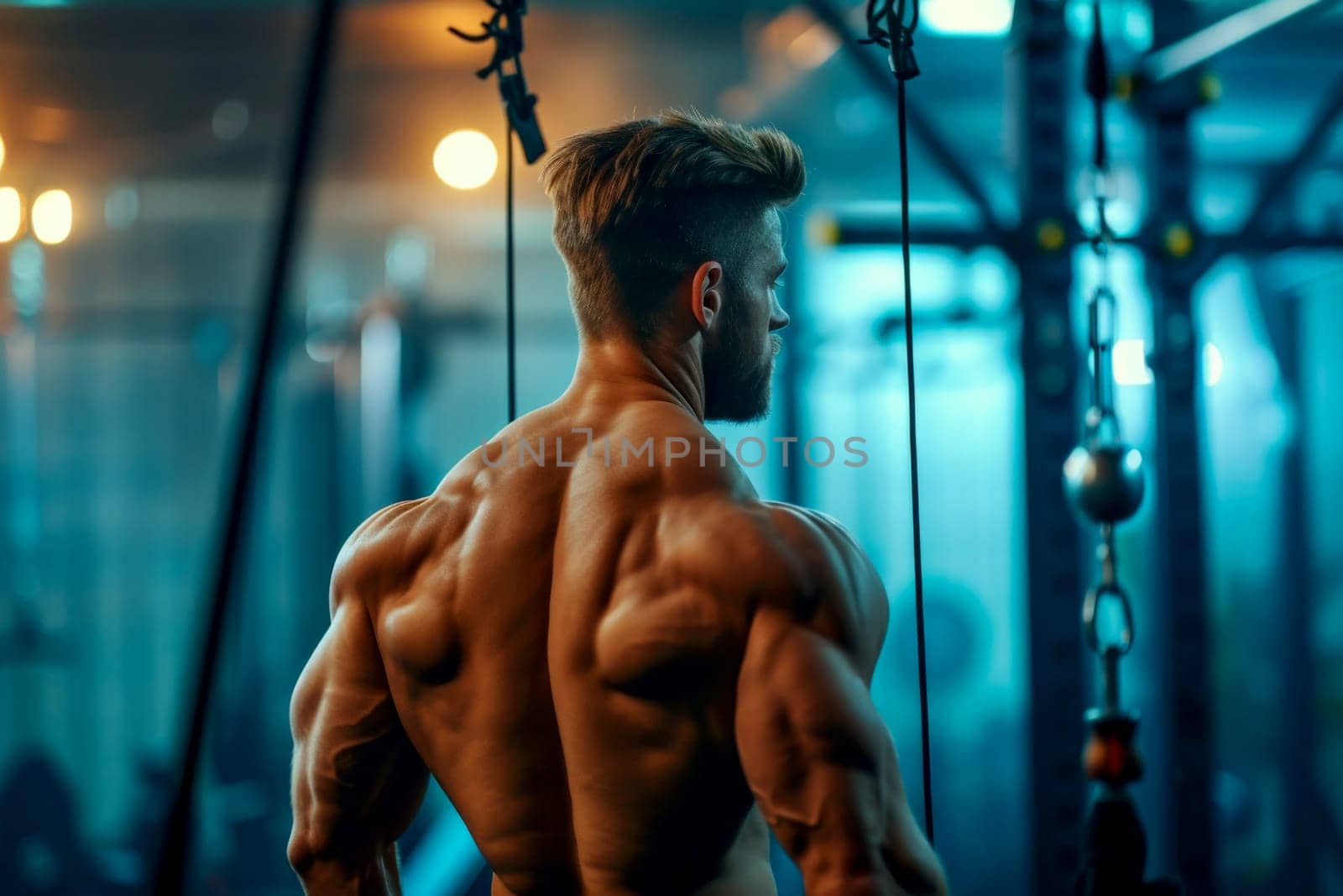 A muscular gym man posing for the camera. shirtless . ai generative, by matamnad