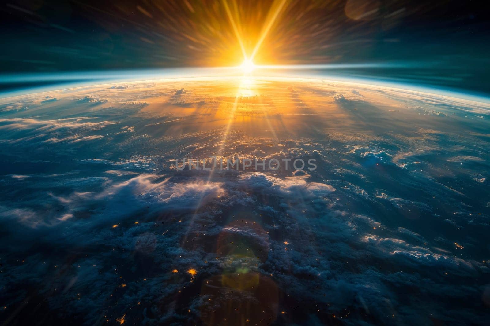 sun shining behind the earth from space. Generative AI.