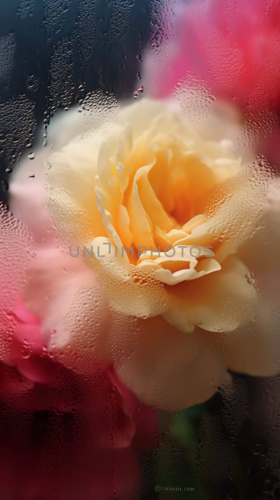 Background of blooming flowers in front of glass with water drops Stock Photo.