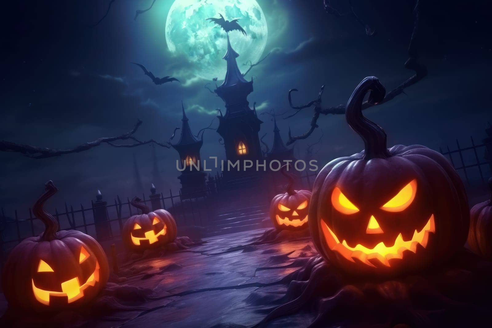 Halloween background with Evil Pumpkin. Spooky scary dark Night Halloween banner background concept.