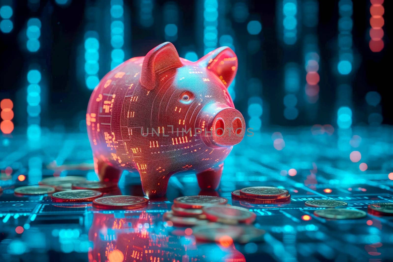piggy bank money coins saving in futuristic background , financial investment and budget concept, . generative ai.