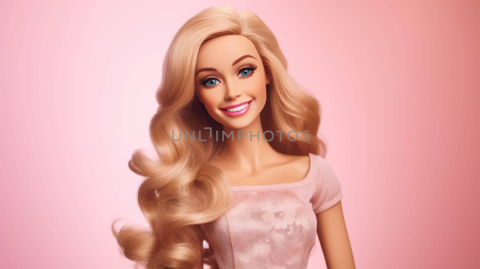 Portrait of smiling blonde doll in pink dress on pink background