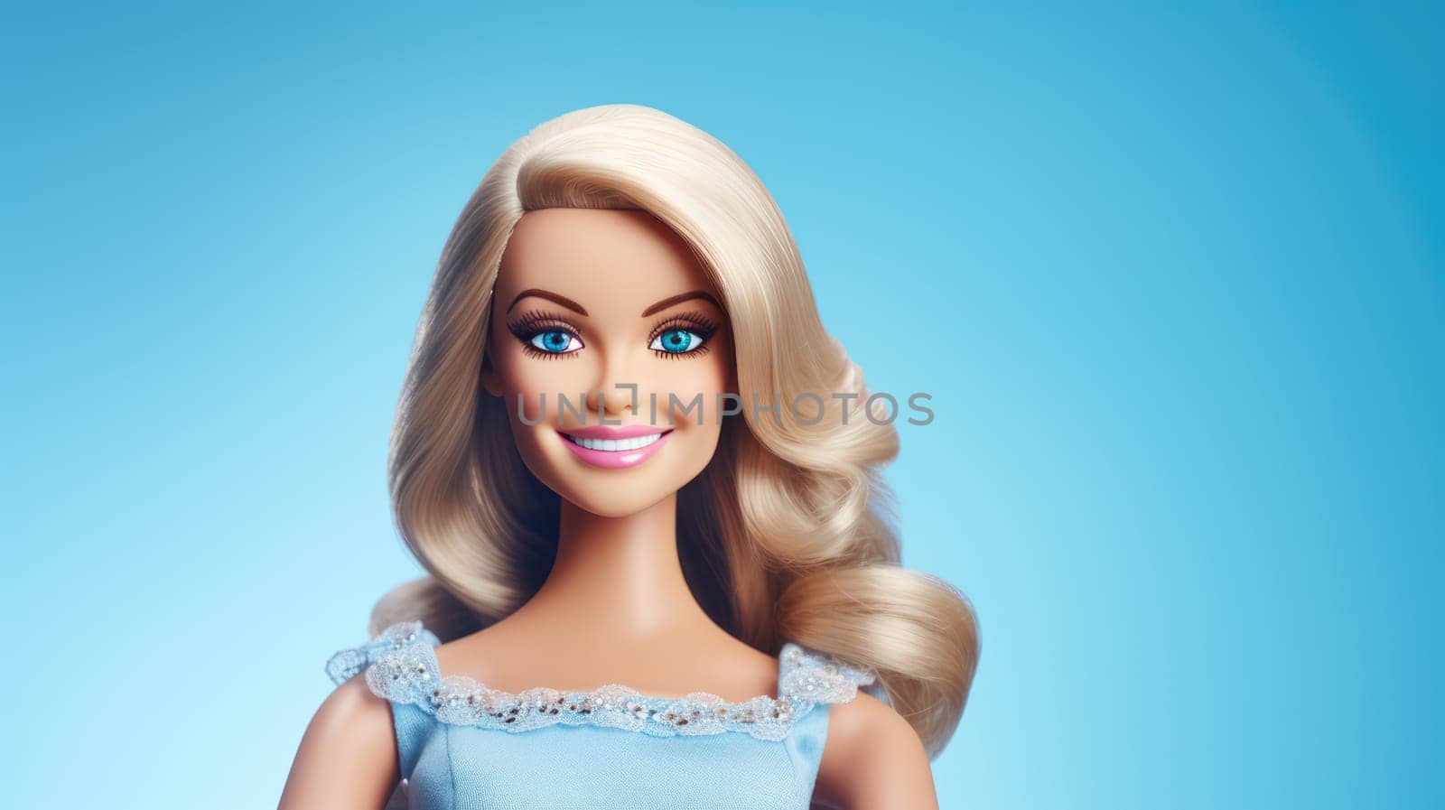 Portrait of smiling blonde doll in blue dress on blue background. by JuliaDorian