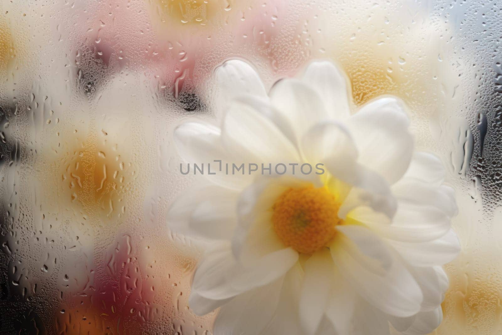 Background of blooming flowers in front of glass with water drops Stock Photo.