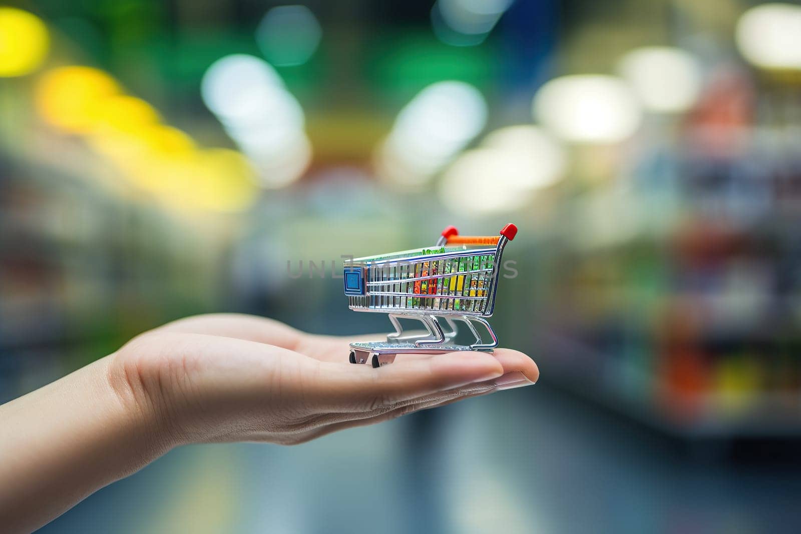 Woman hand hold shopping cart with blur supermarket fresh product shelves background.