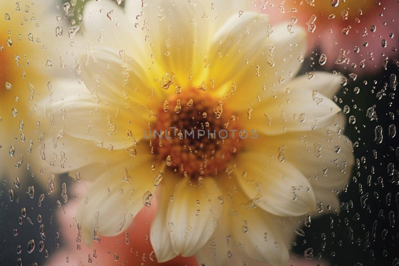 Background of blooming flowers in front of glass with water drops Stock Photo.