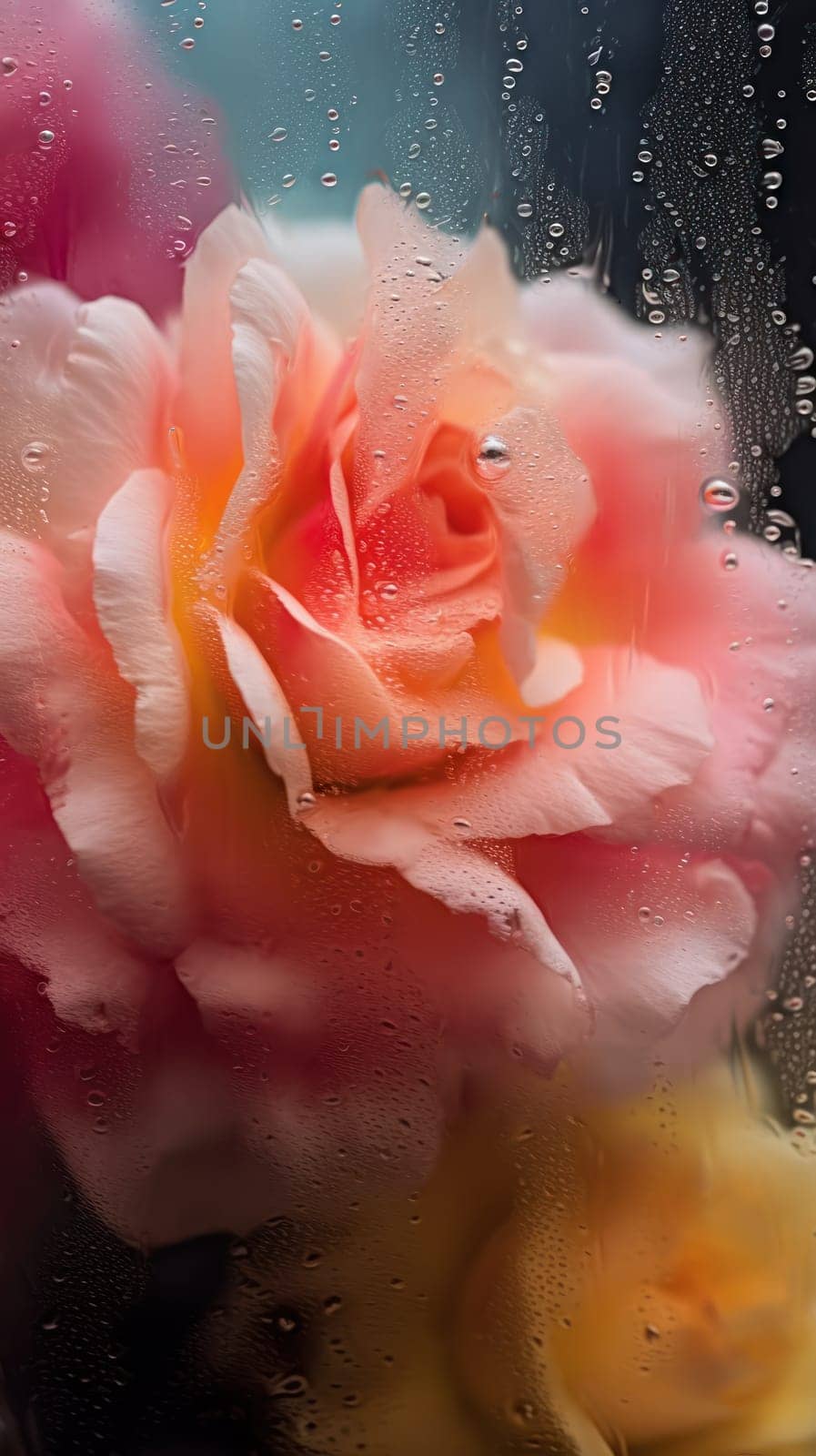 Background of blooming flowers in front of glass with water drops Stock Photo.