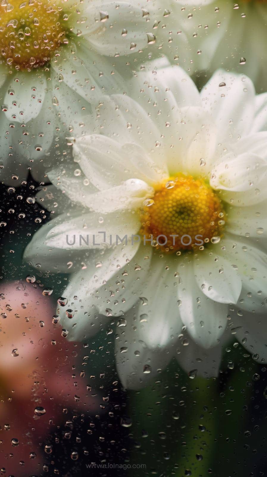 Background of blooming flowers in front of glass with water drops Stock Photo.