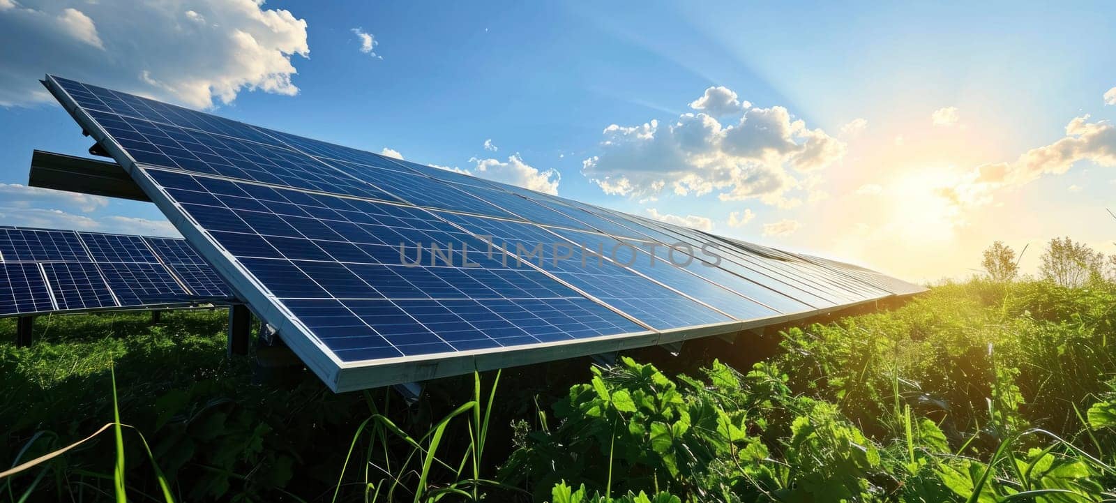 Row of solar panels stands in a lush green field under a blue sky, harnessing renewable energy from the sun.