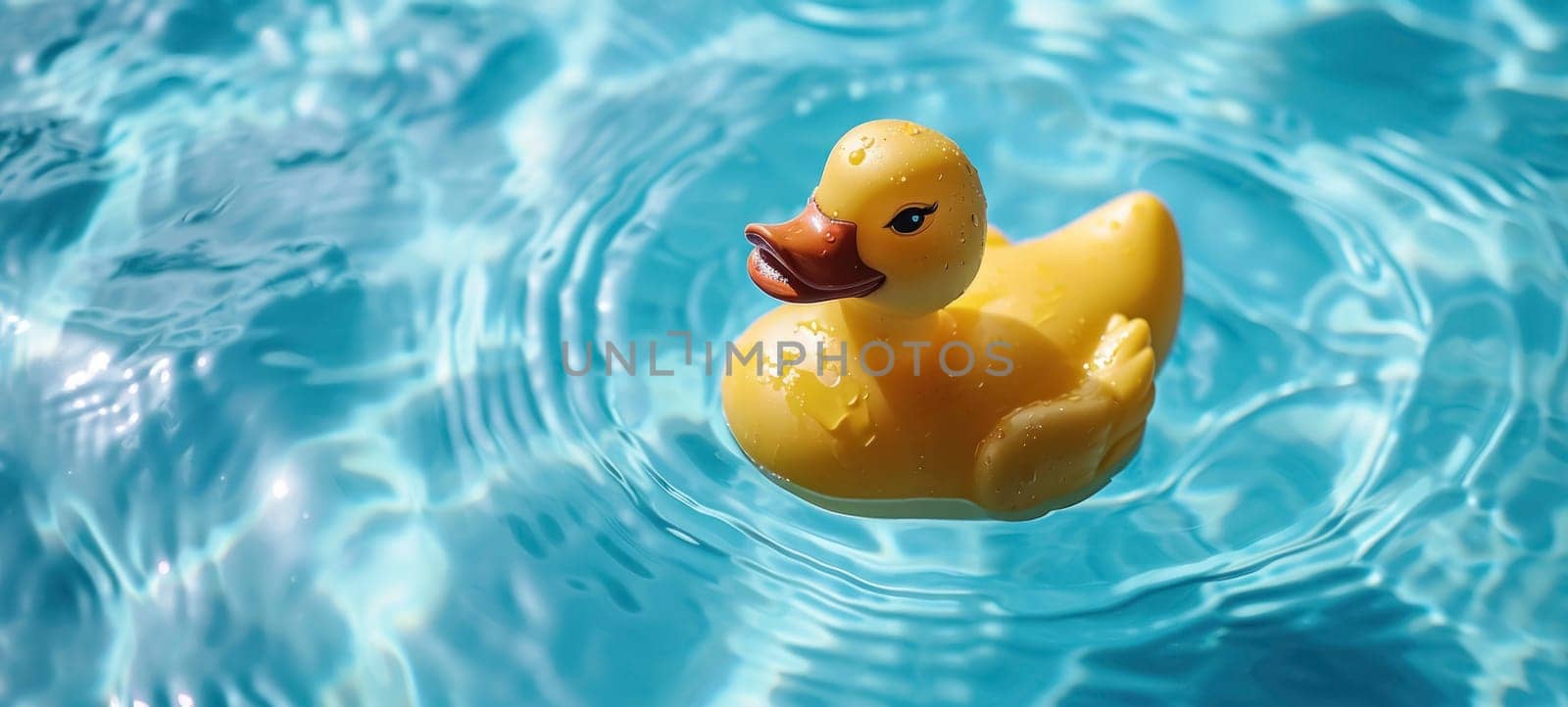 Close-up of a yellow rubber duck covered in water droplets, floating on the vibrant blue water surface.