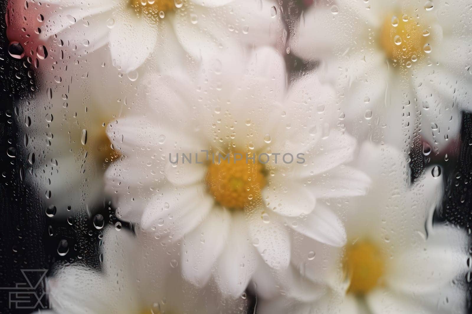 Background of blooming flowers in front of glass with water drops Stock Photo.