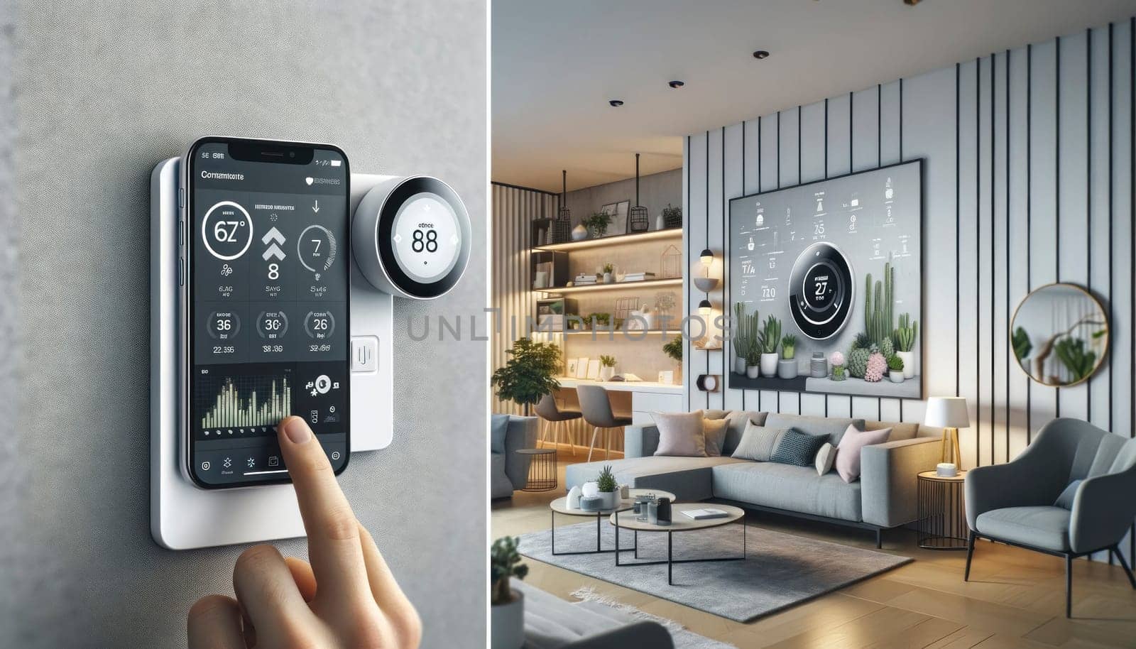 A person interacts with a smart home technology interface on their smartphone and wall-mounted devices in a modern living room.