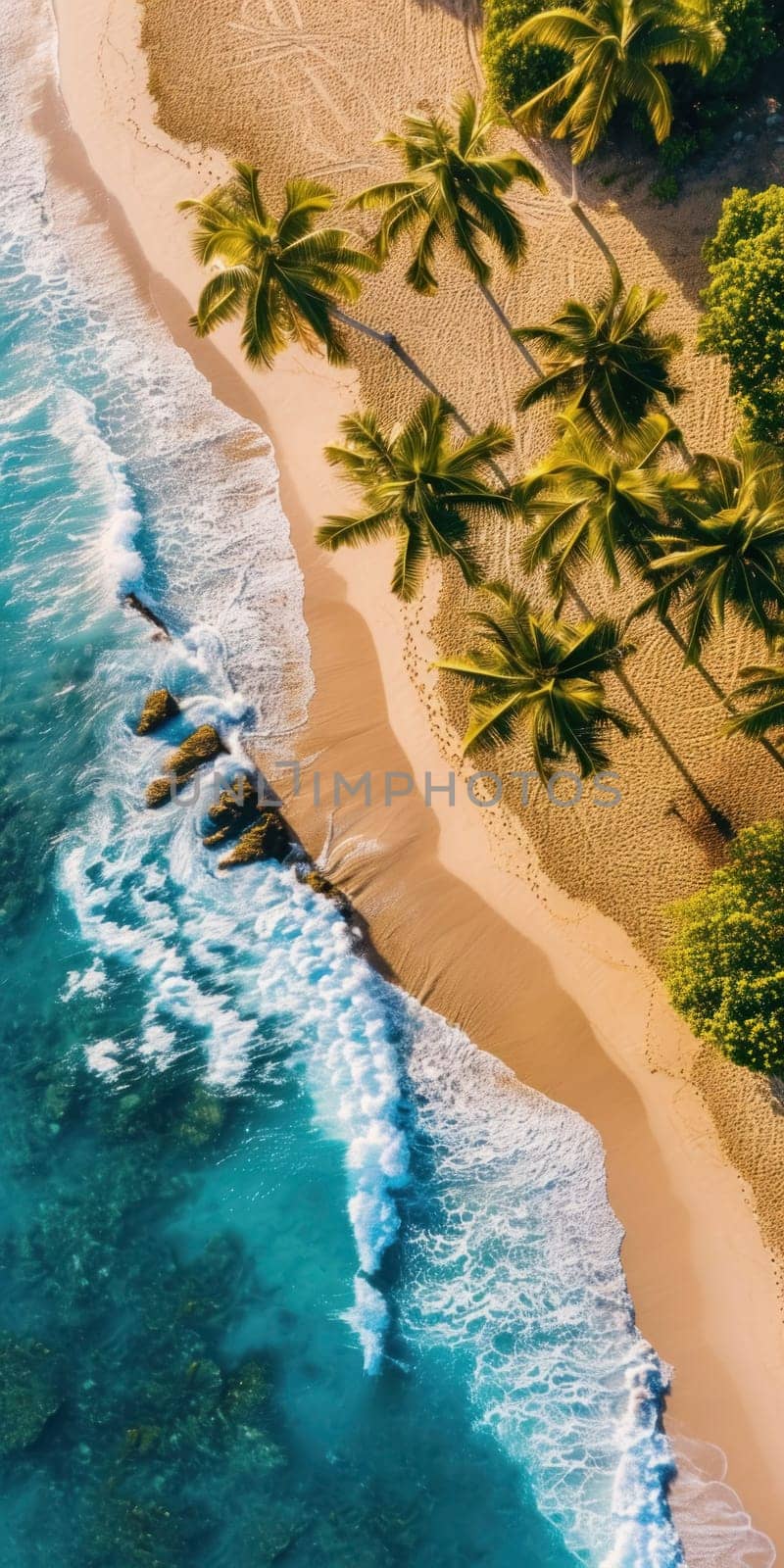 A breathtaking aerial view of a pristine tropical beach lined with palm trees, clear blue waters, and gentle waves.
