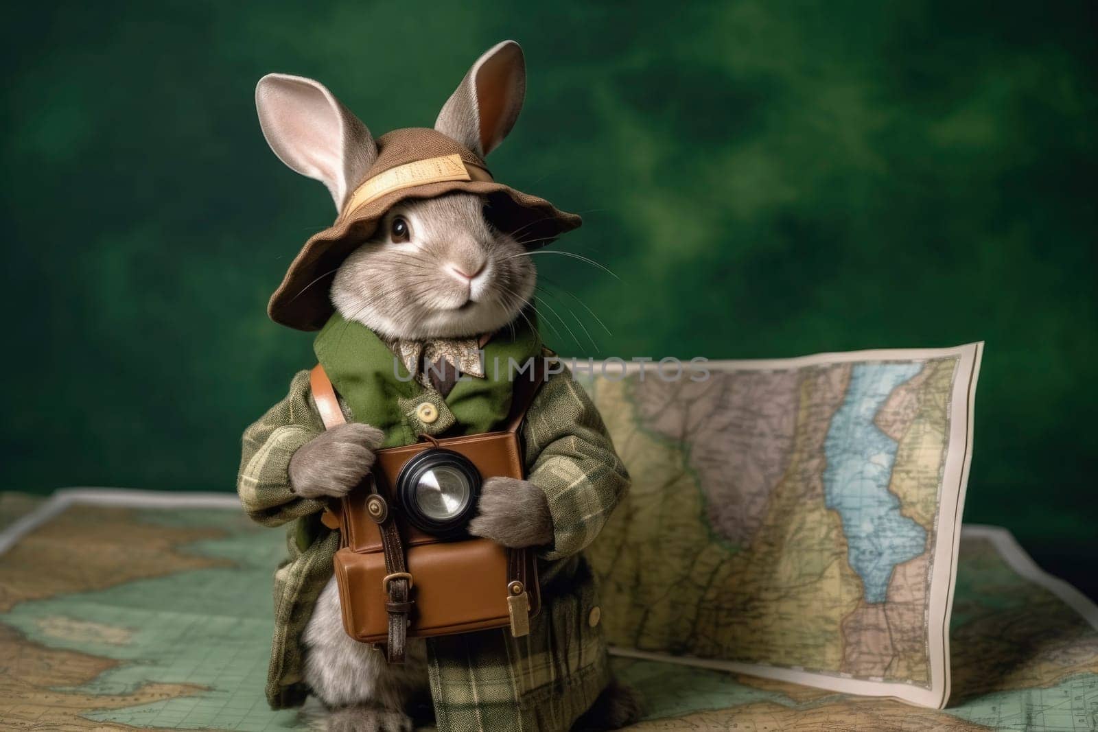 A costumed rabbit portraying an explorer with a vintage camera and map, invoking whimsical adventure themes.