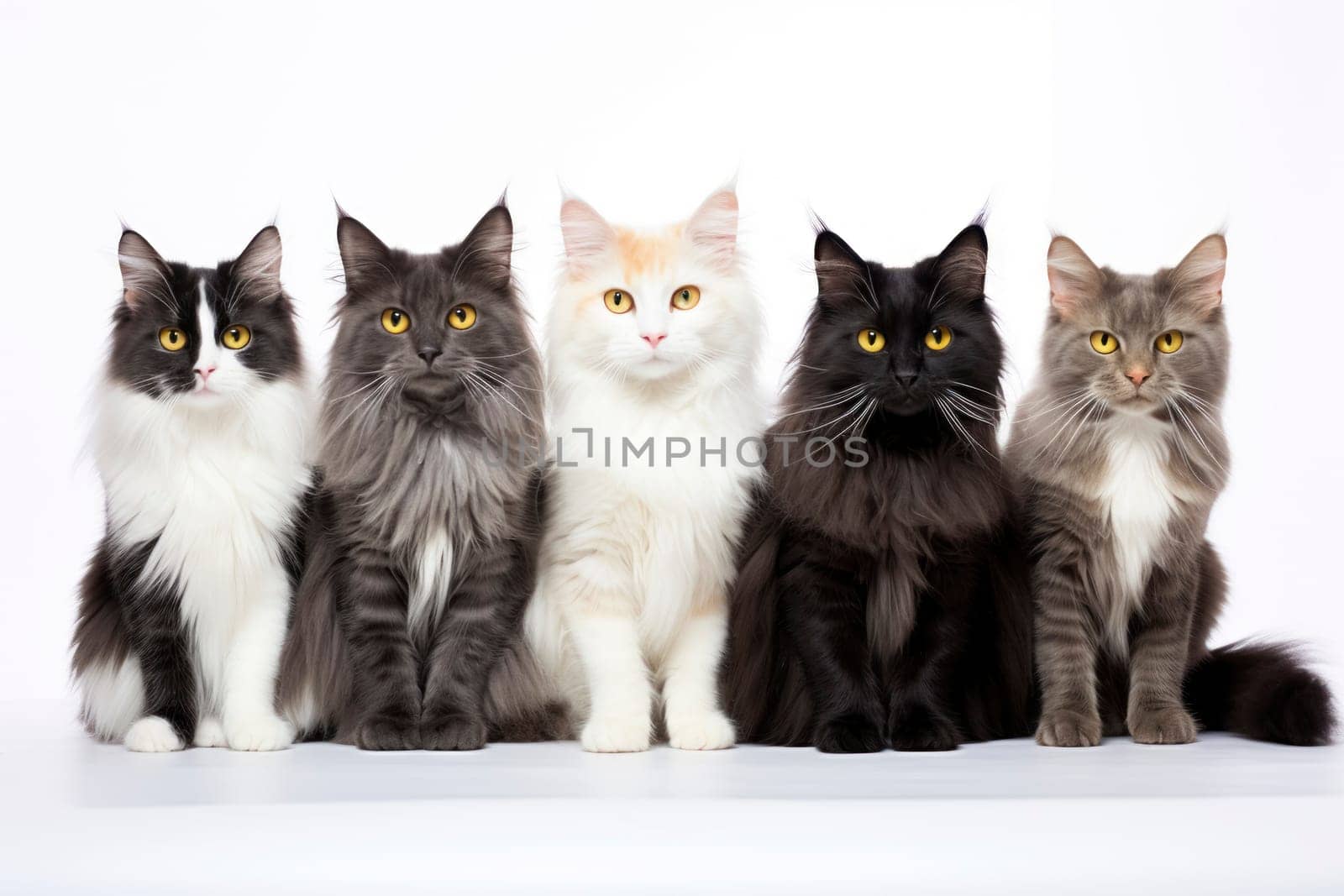 Five beautiful longhaired cats with striking yellow eyes posing on a white background, showcasing various coat patterns.