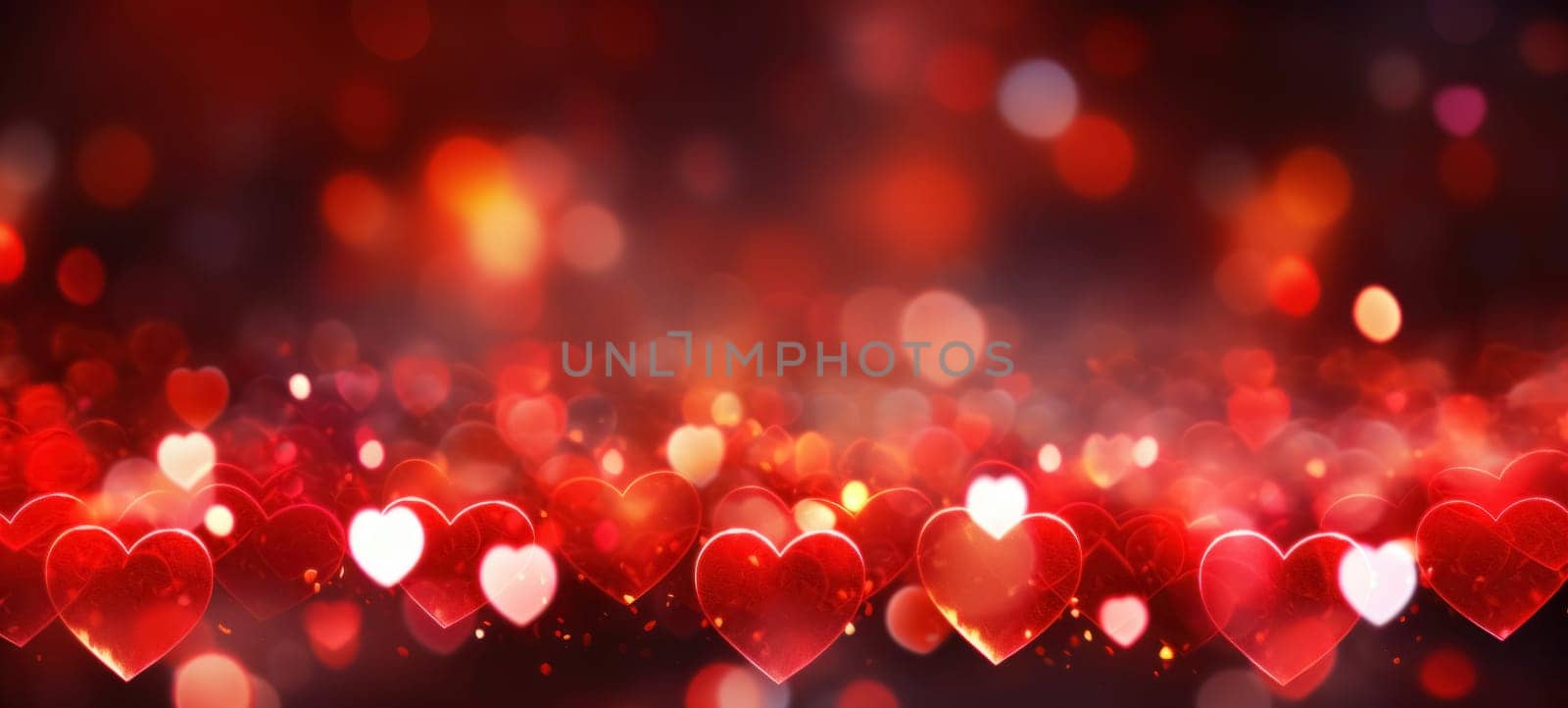 A romantic background filled with red heart-shaped bokeh lights, perfect for expressions of love.