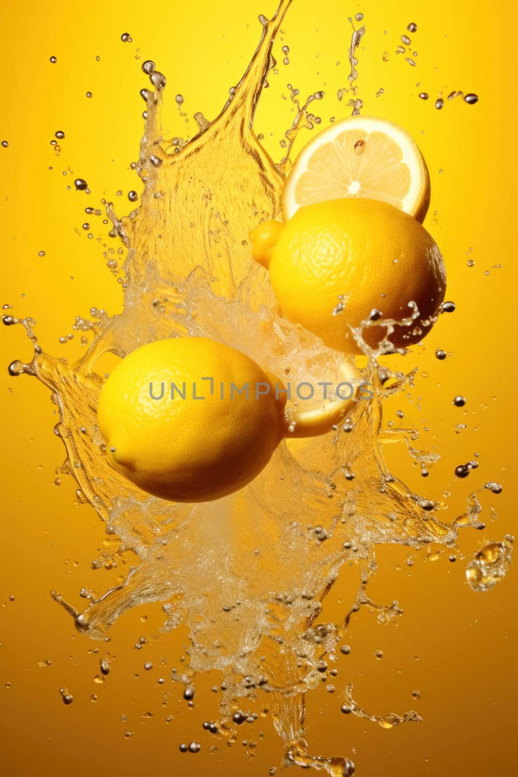 Fresh lemons captured in mid-air with water splashing around them, set against a vibrant yellow background.