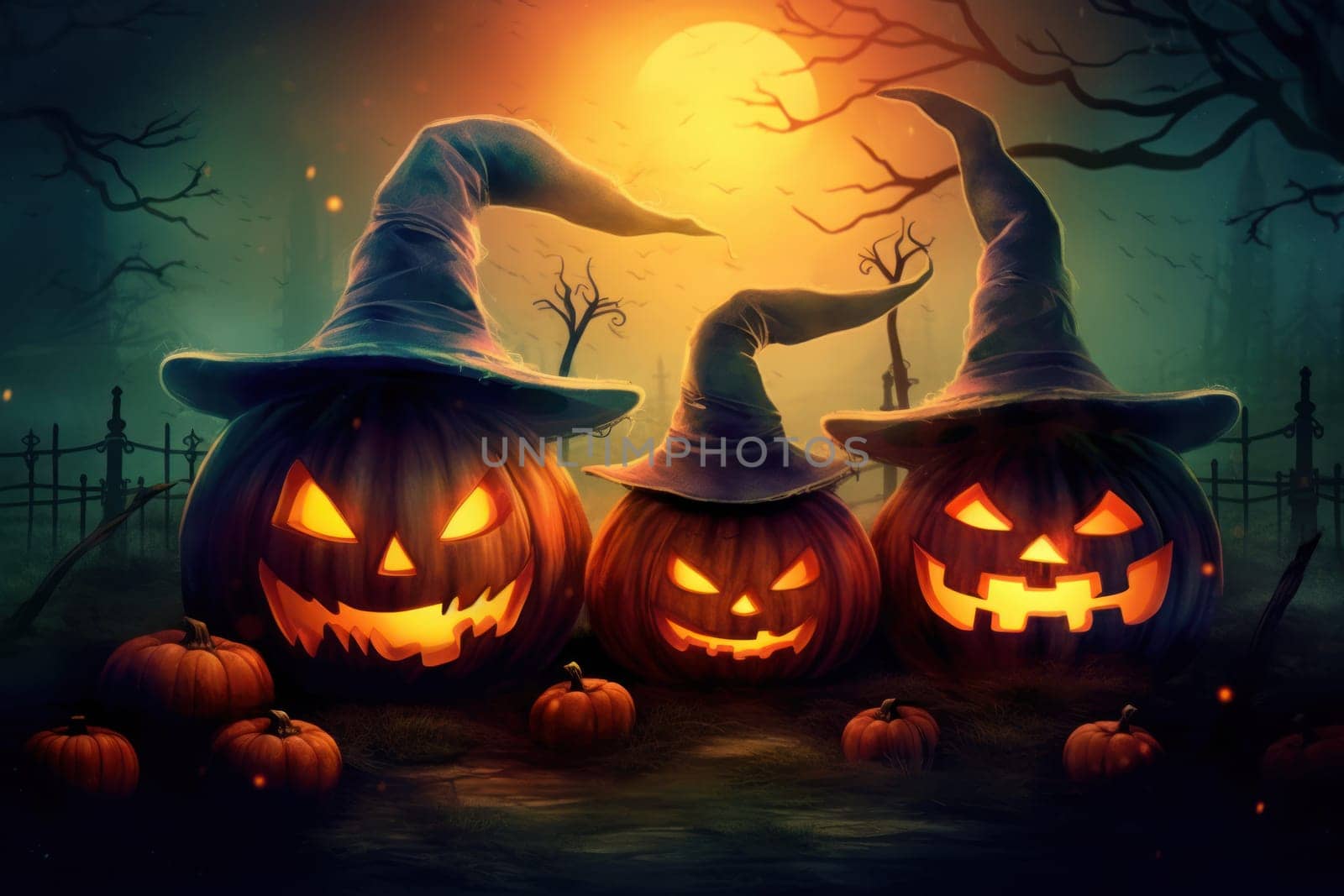 Pumpkins with witch hats on halloween background Generative AI.
