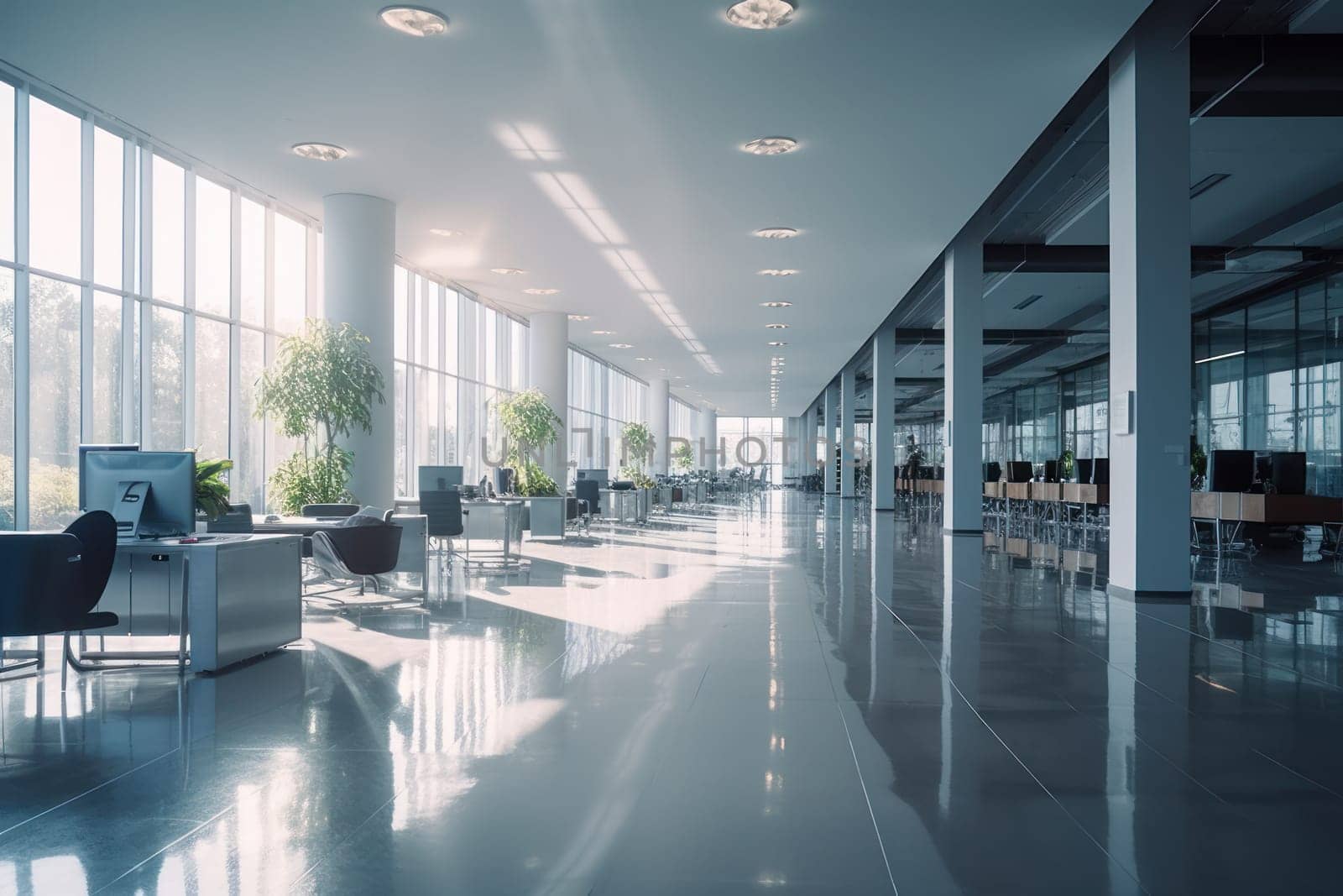 Beautiful blurred background of a light modern office interior with panoramic windows.
