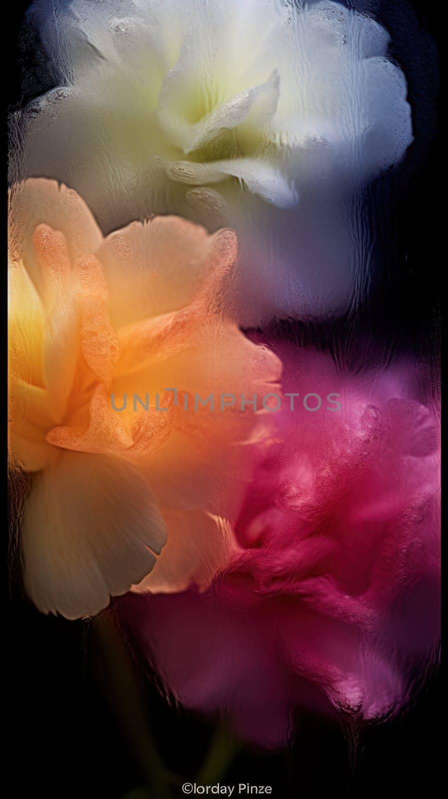 Background of blooming flowers in front of glass with water drops Stock Photo.